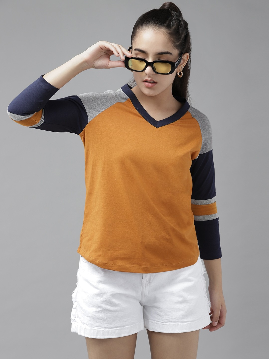 

UTH by Roadster Girls Mustard Yellow & Grey Melange V-Neck Pure Cotton T-shirt