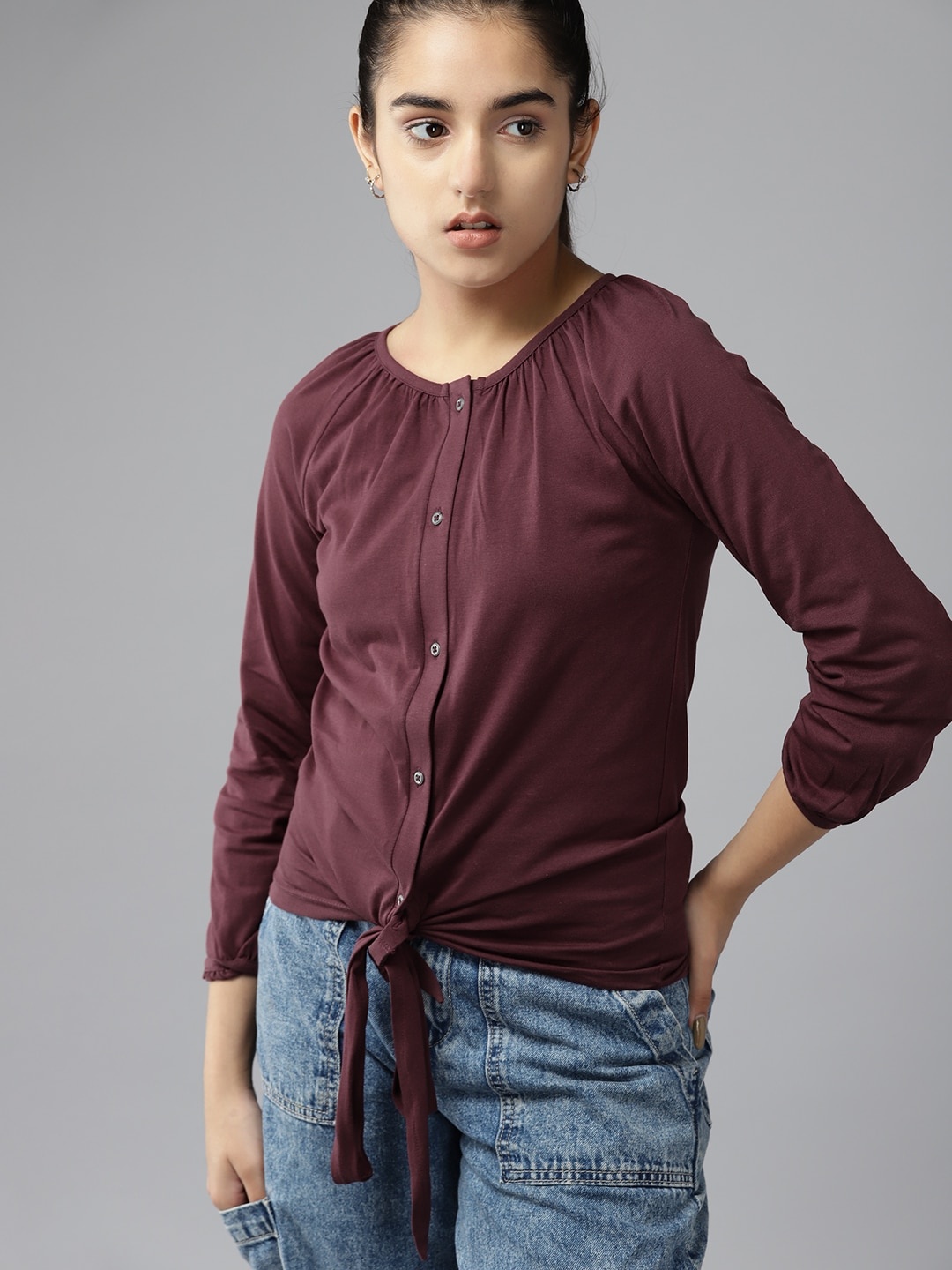 

UTH by Roadster Girls Burgundy Solid Pure Cotton Shirt Style Top