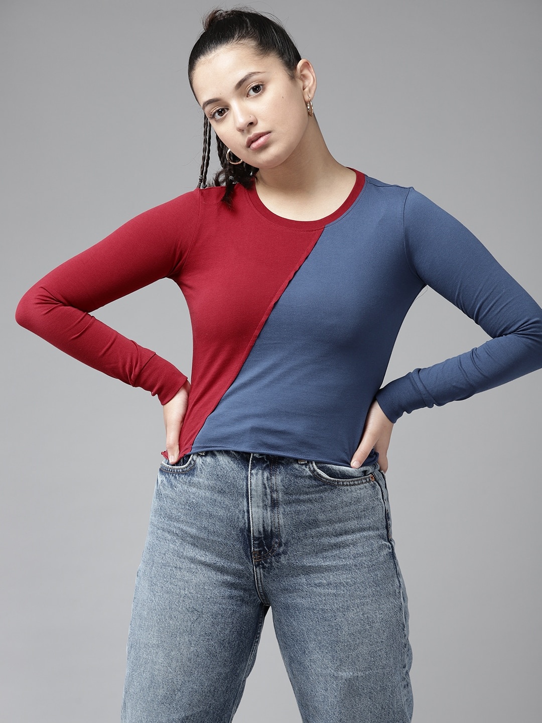 

UTH by Roadster Girls Maroon & Navy Blue Pure Cotton Colourblocked T-shirt