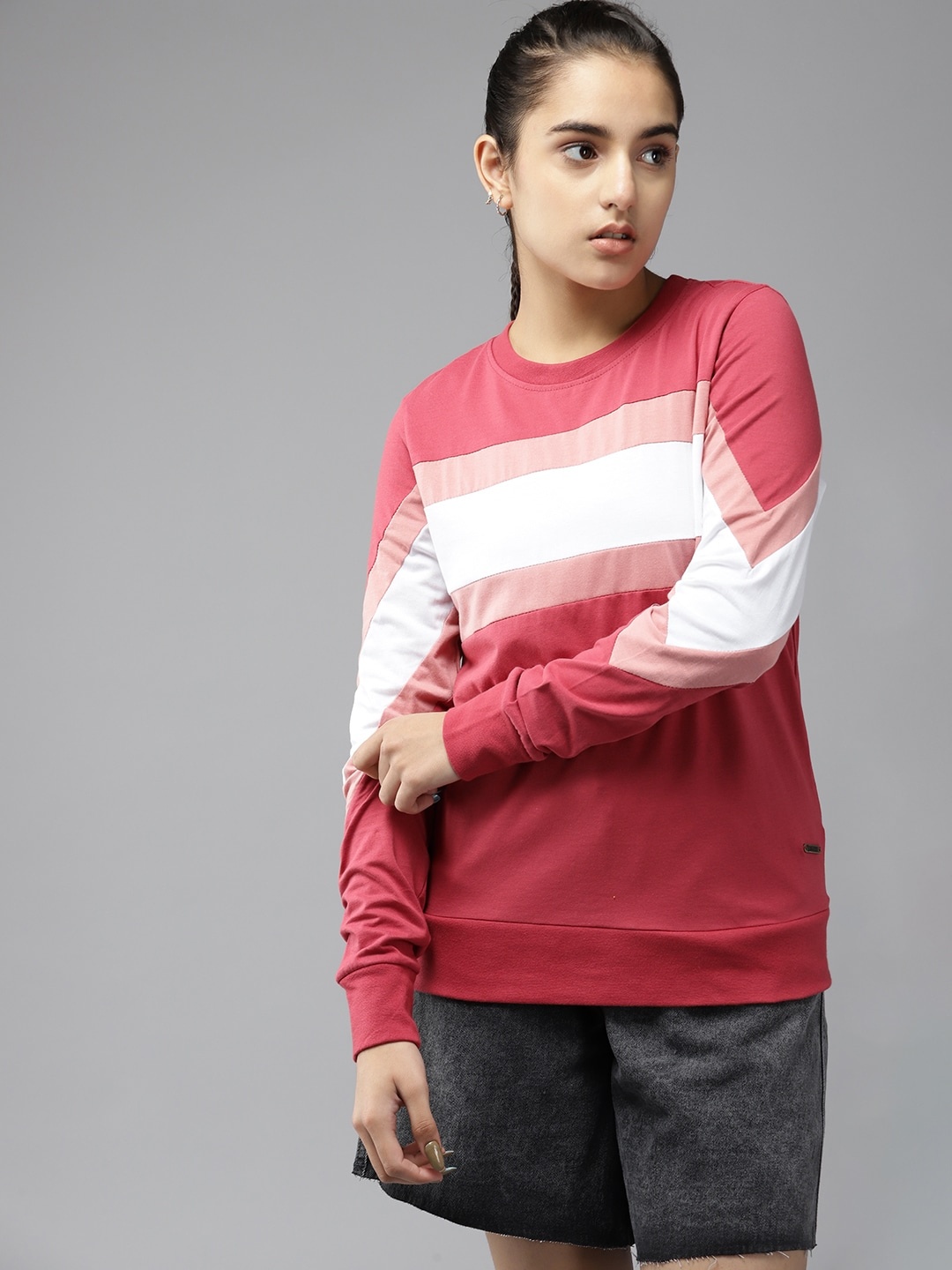 

UTH by Roadster Girls Pink & White Pure Cotton Striped T-shirt