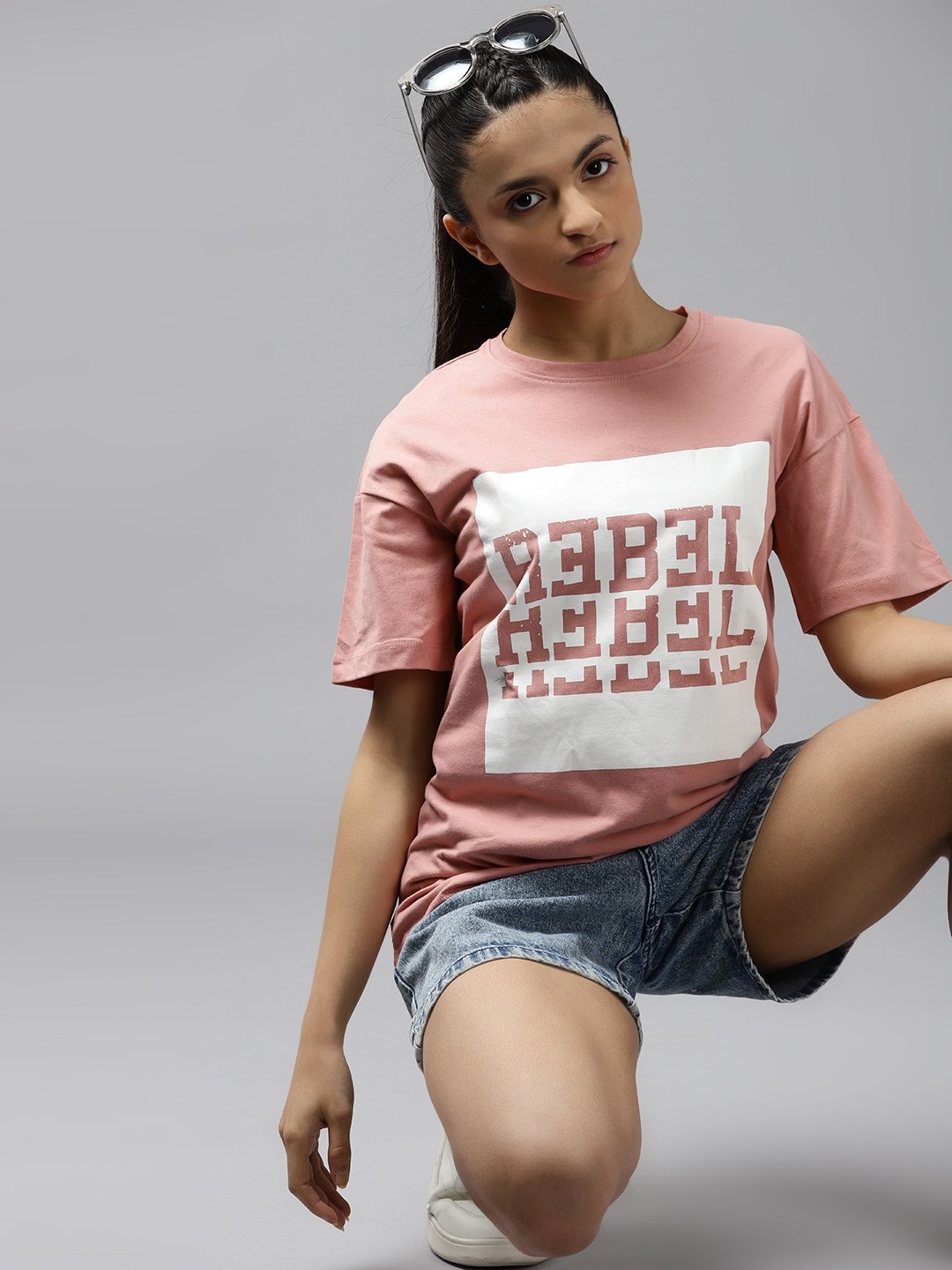 

UTH by Roadster Girls Pink & White Cotton Typography Printed T-shirt