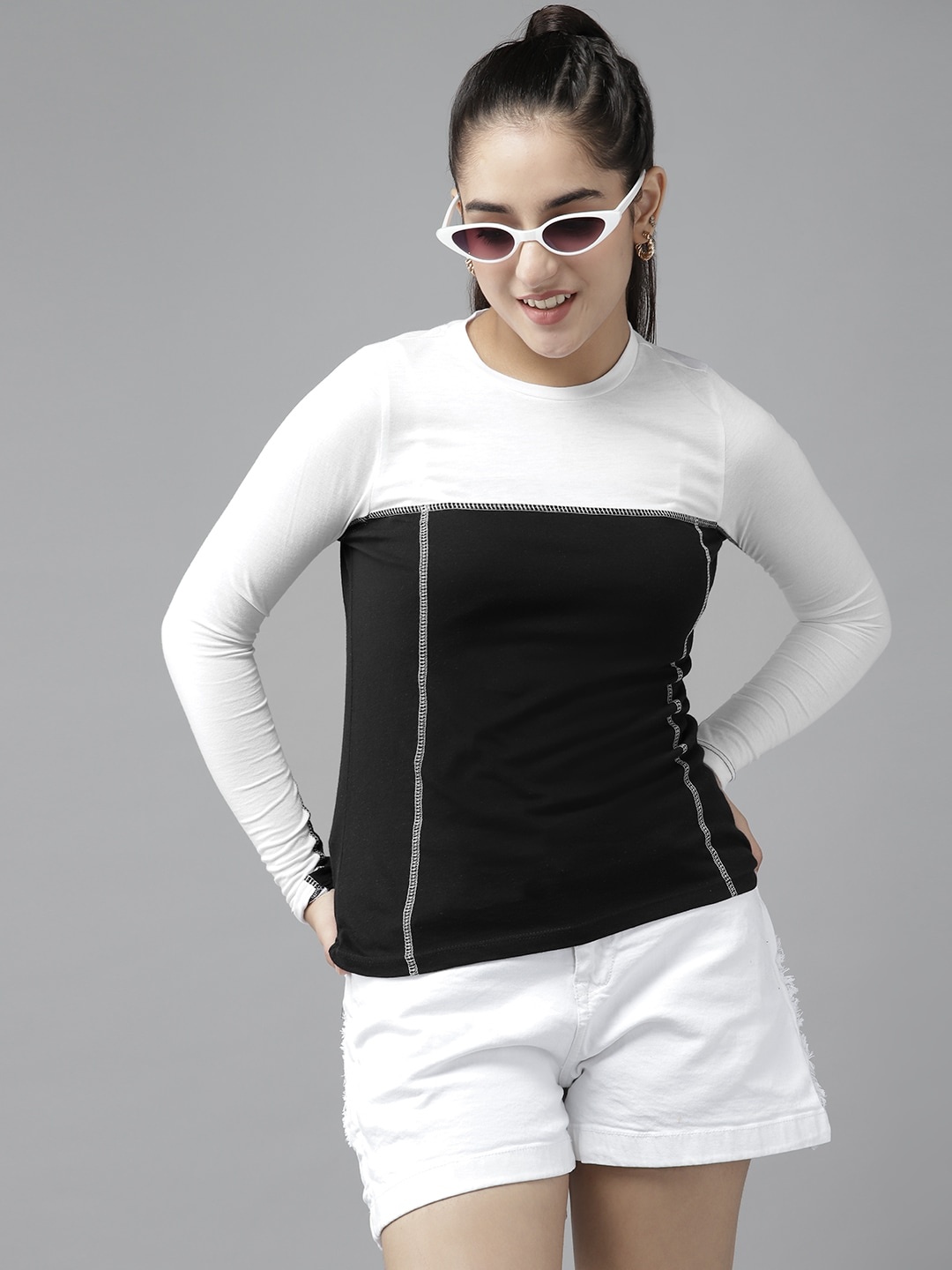 

UTH by Roadster Girls Black & White Colourblocked Pure Cotton T-shirt