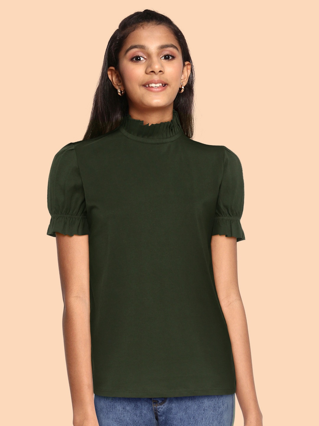 

UTH by Roadster Girls Olive Green Solid Pure Cotton Puff Sleeves Regular Top