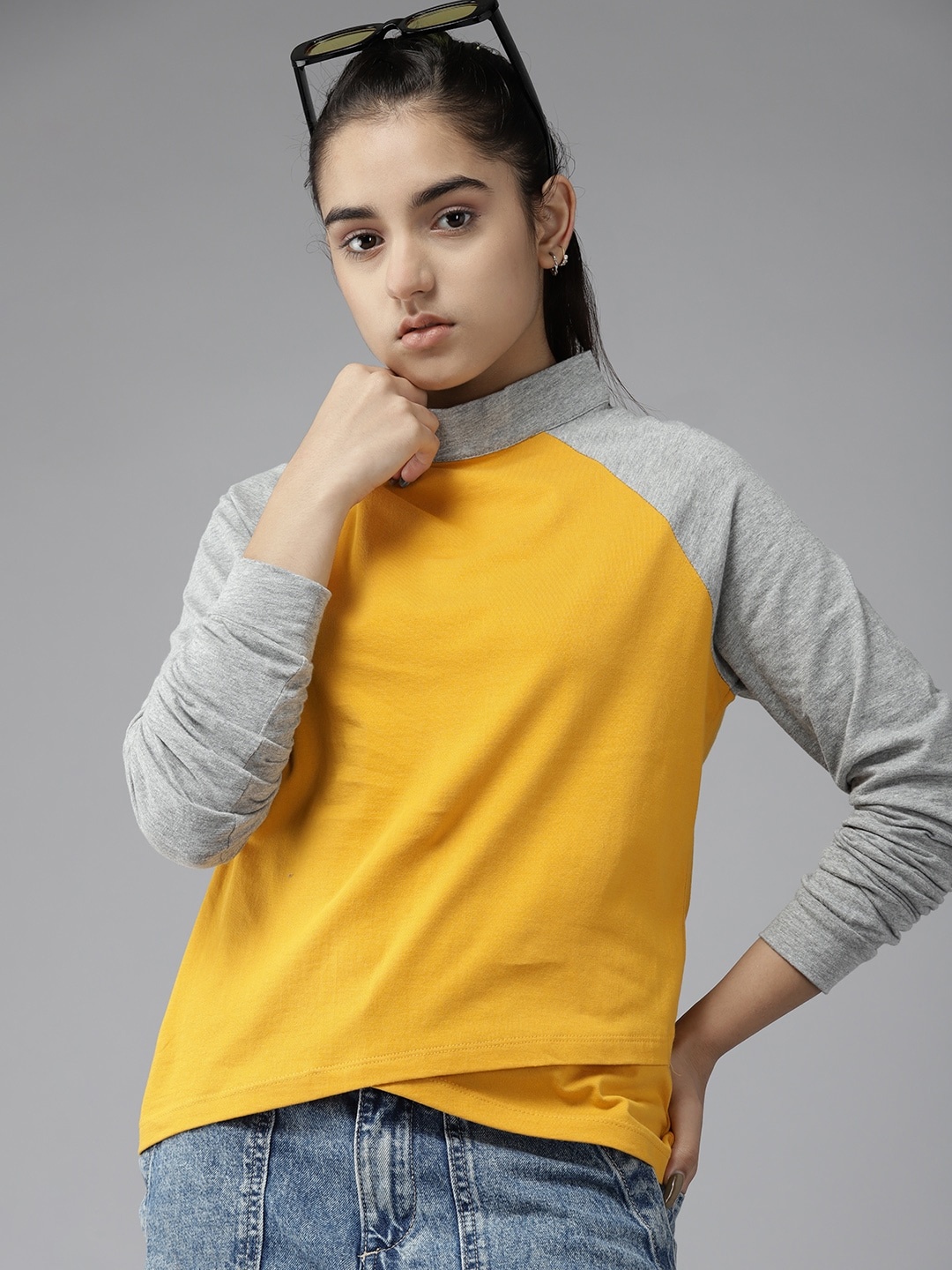 

UTH by Roadster Girls Mustard Yellow & Grey Melange Solid Cotton High-Low Top