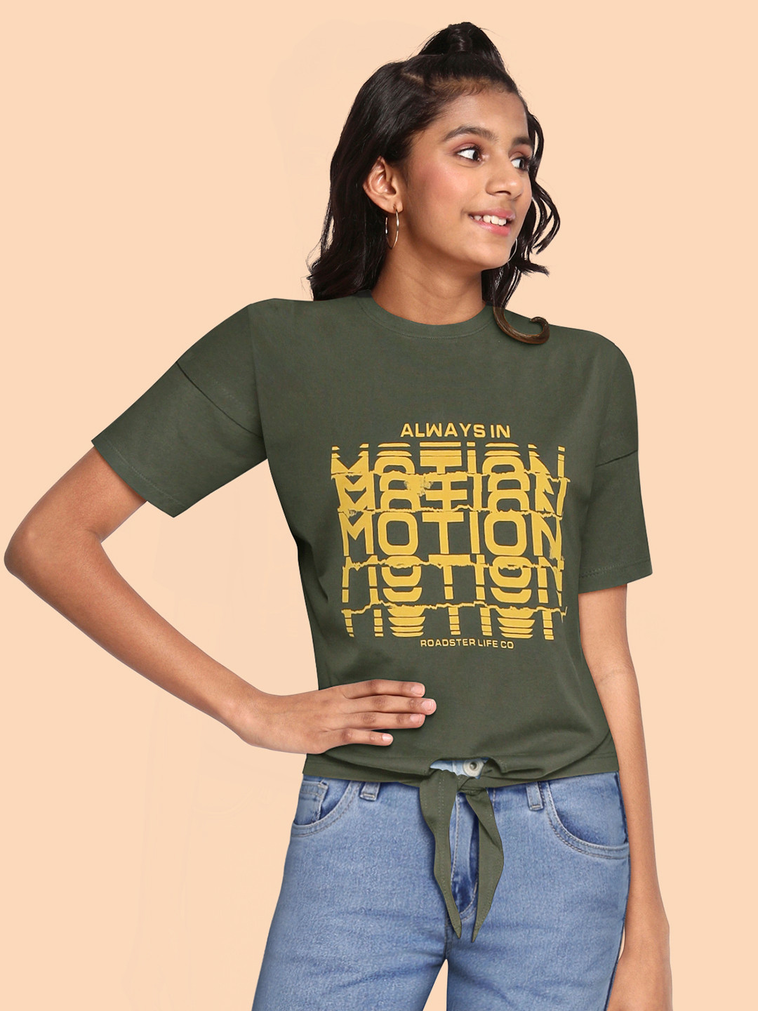 

UTH by Roadster Girls Olive Green & Mustard Yellow Typography Print Tie-Up Cotton Top