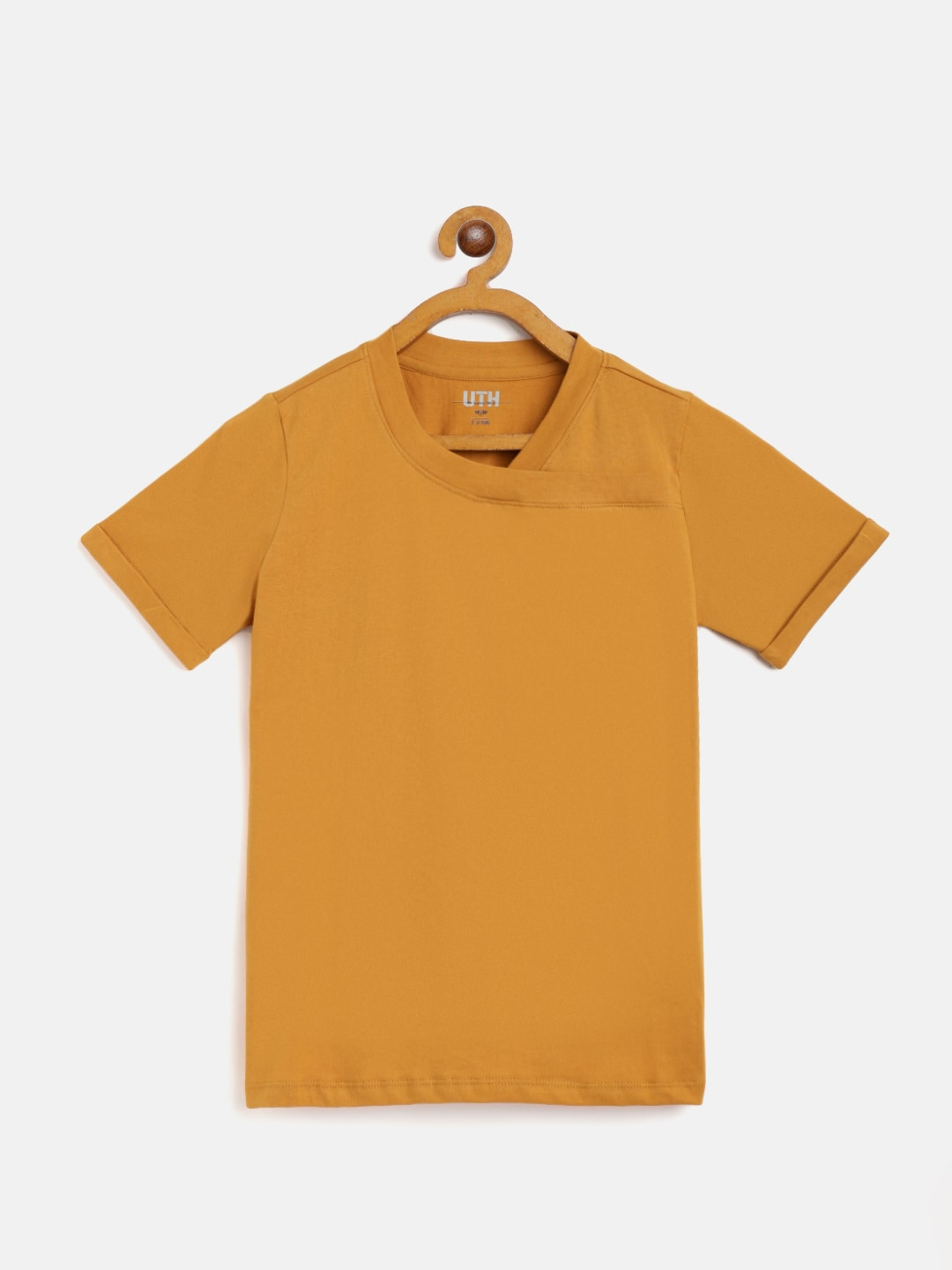 

UTH by Roadster Girls Mustard Yellow Solid Pure Cotton V-Neck Pure Cotton T-shirt