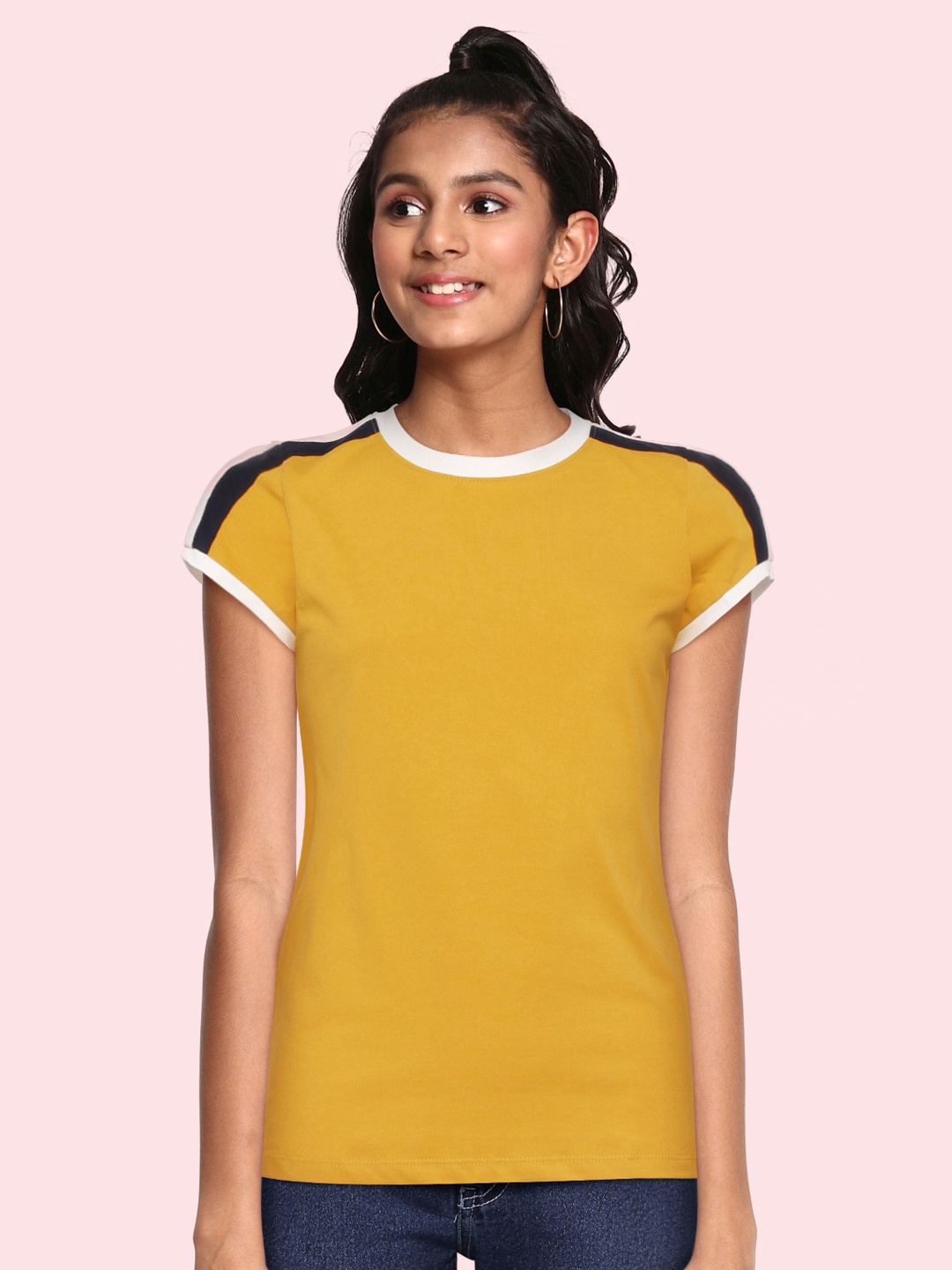 

UTH by Roadster Girls Mustard Yellow Solid Cotton T-shirt with Side Taping