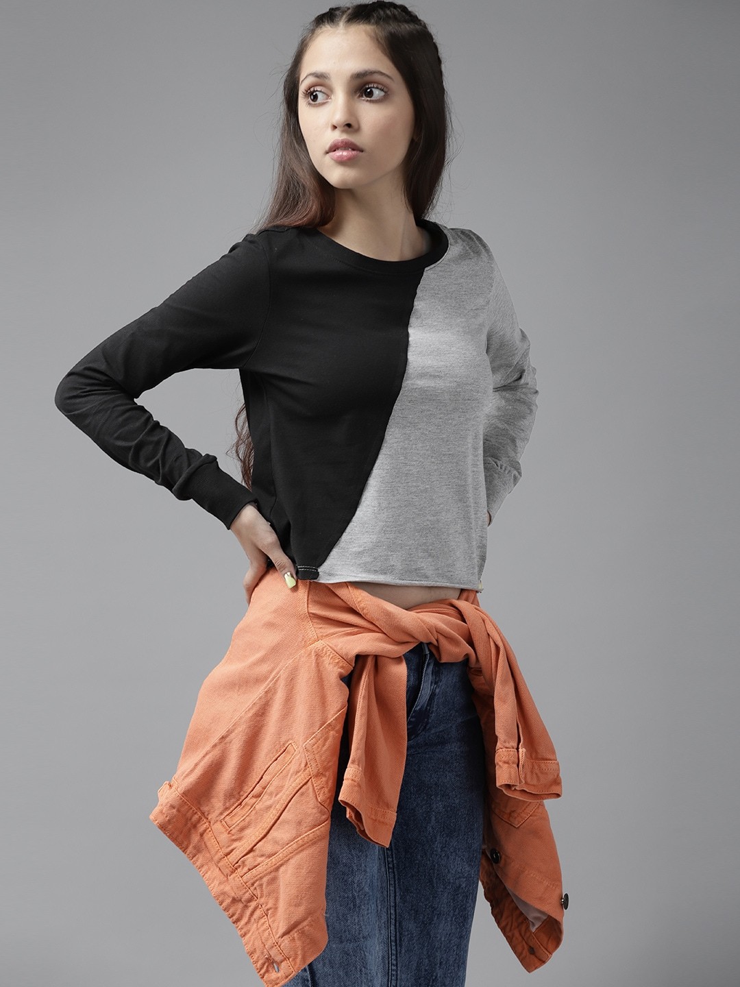

UTH by Roadster Girls Black & Grey Melange Pure Cotton Colourblocked Crop T-shirt
