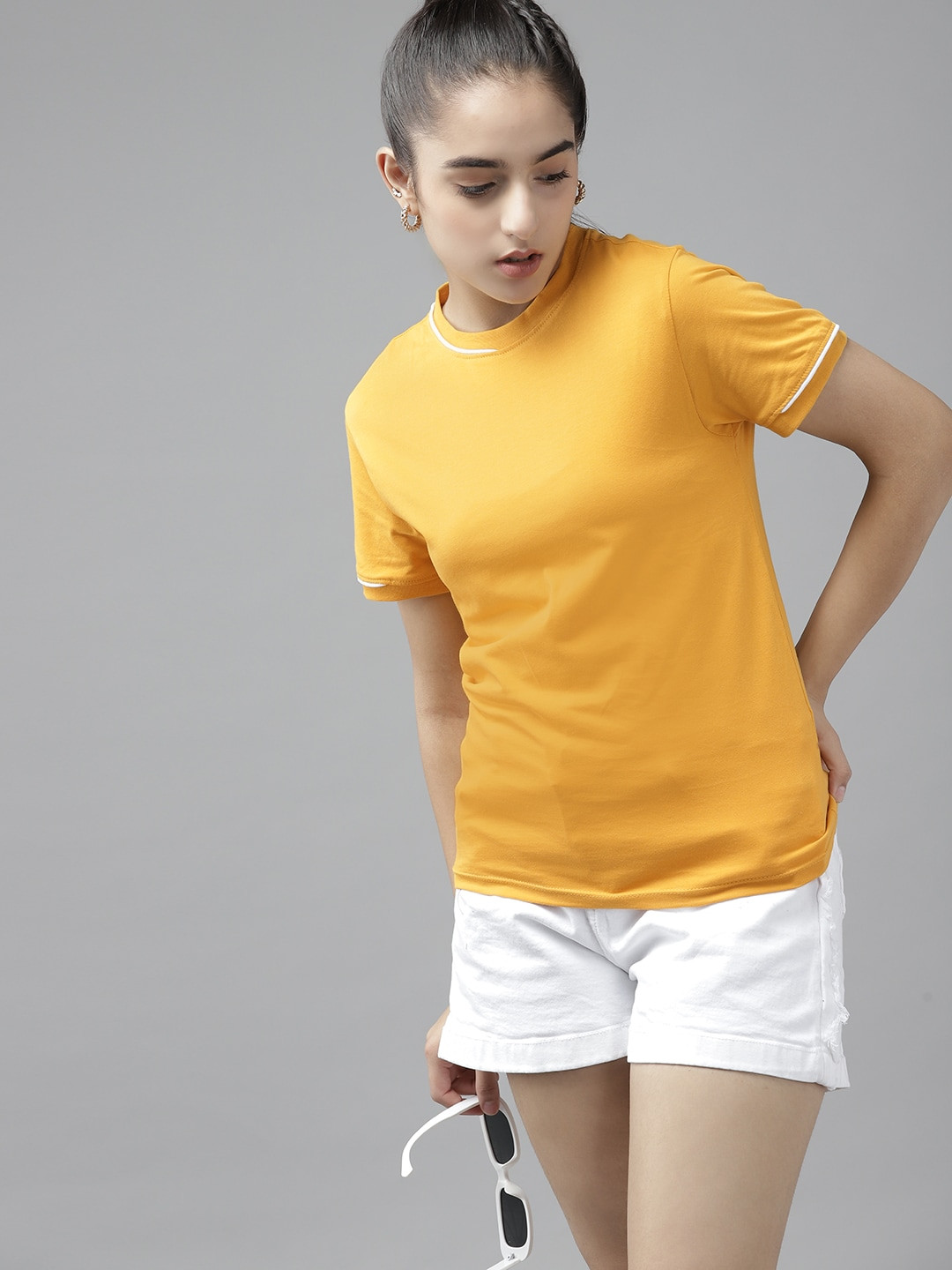 

UTH by Roadster Girls Mustard Yellow Solid Cotton T-shirt