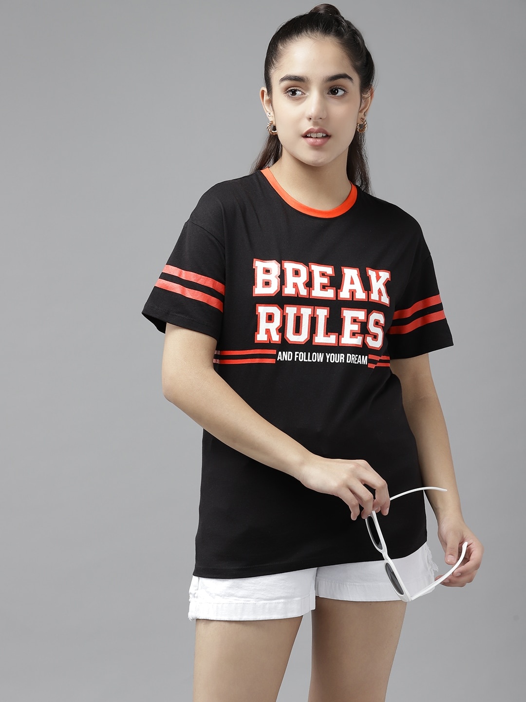 

UTH by Roadster Girls Black & White Typography Printed Cotton T-shirt