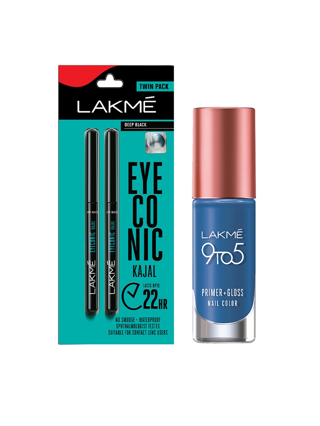 

Lakme Set of 9 to 5 Primer & Gloss Nail Color & 2 Eyeconic Kajals, Black