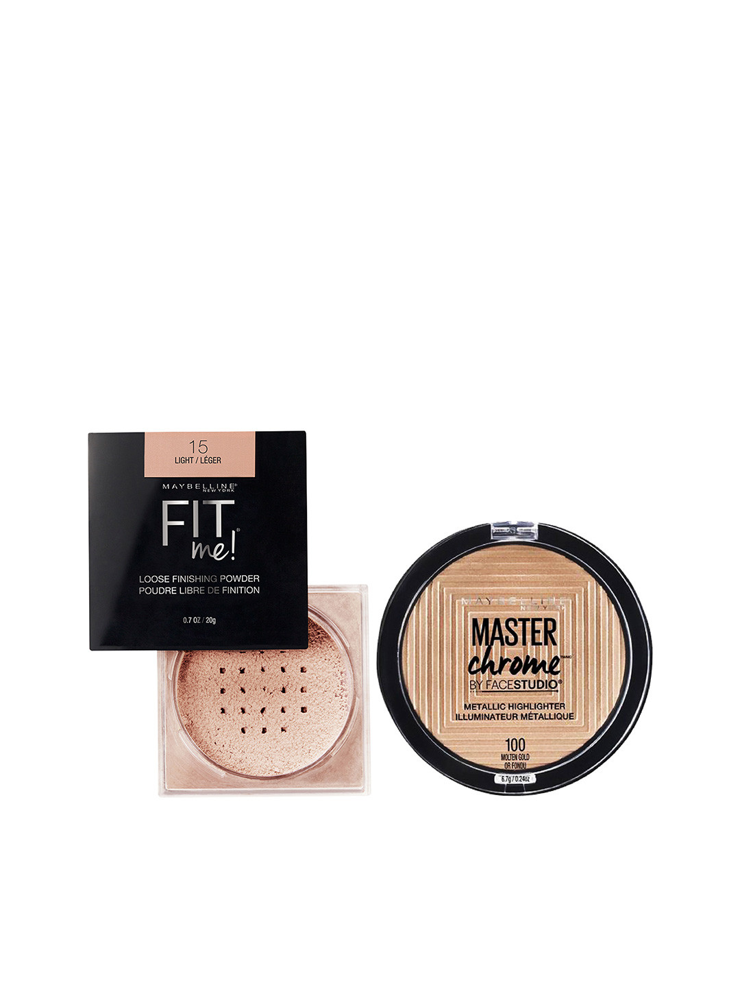 

Maybelline Set of Fit Me Loose Finishing Powder & Face Studio Master Chrome Highlighter, Beige