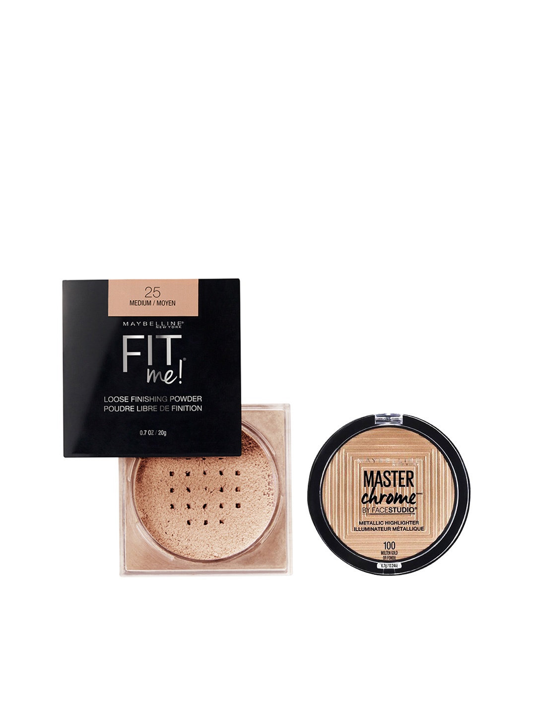 

Maybelline Set of Fit Me Loose Finishing Powder & Face Studio Master Chrome Highlighter, Beige