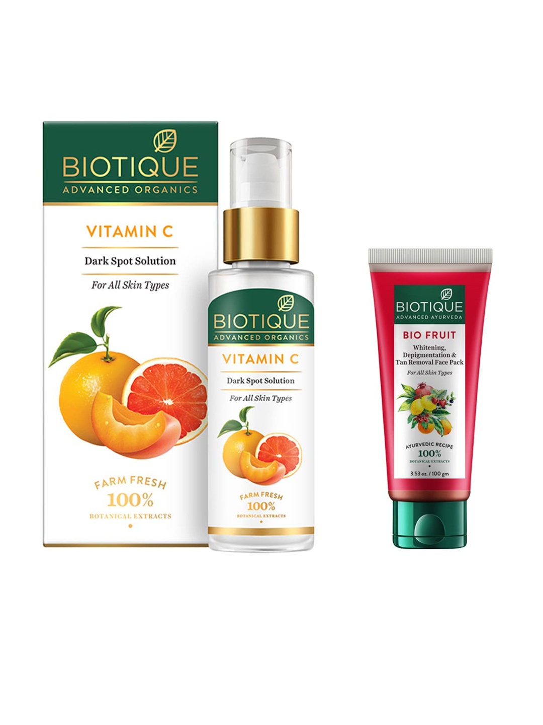 

Biotique Set of Dark Spot Solution Face Serum & Tan Removal Sustainable Face Pack, Orange