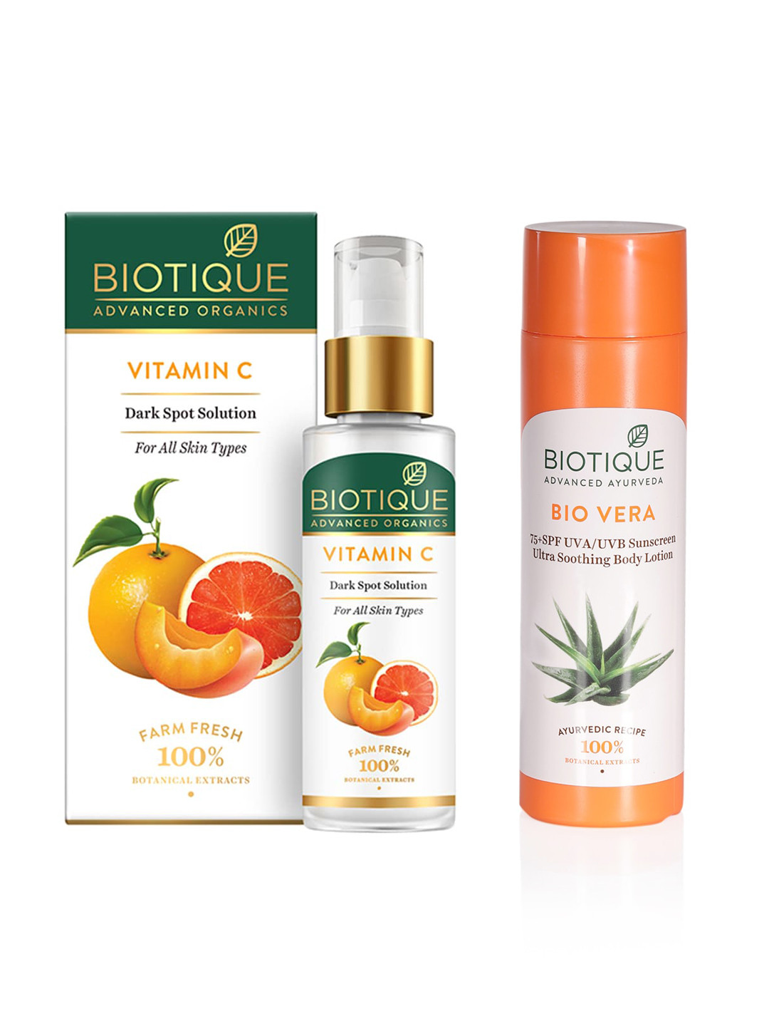 

Biotique Vitamin C Dark Spot Solution Serum & Bio Vera SPF 75 Sunscreen Body Lotion, Orange