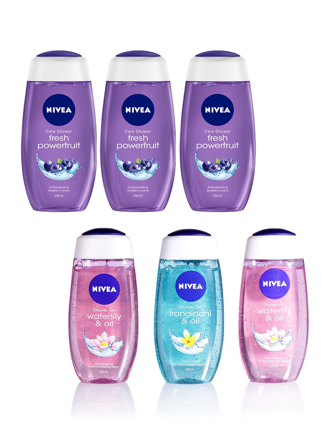 

Nivea Set of 6 Fresh Powerfruit- Waterlily & Oil - Frangipani & Oil Shower Gels, Pink