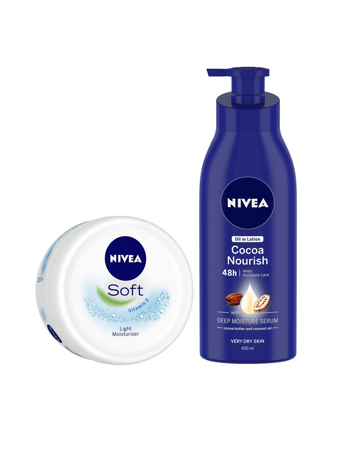 

Nivea Set of Soft Vitamin E Light Moisturiser & Cocoa Nourish Oil in Body Lotion, Navy blue