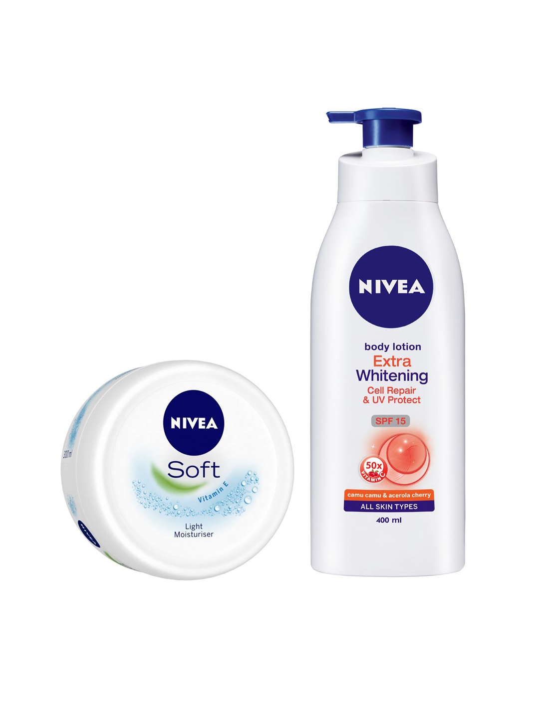 

Nivea Set of Extra Whitening Cell Repair Body Lotion & Soft Vitamin E Light Moisturiser, White