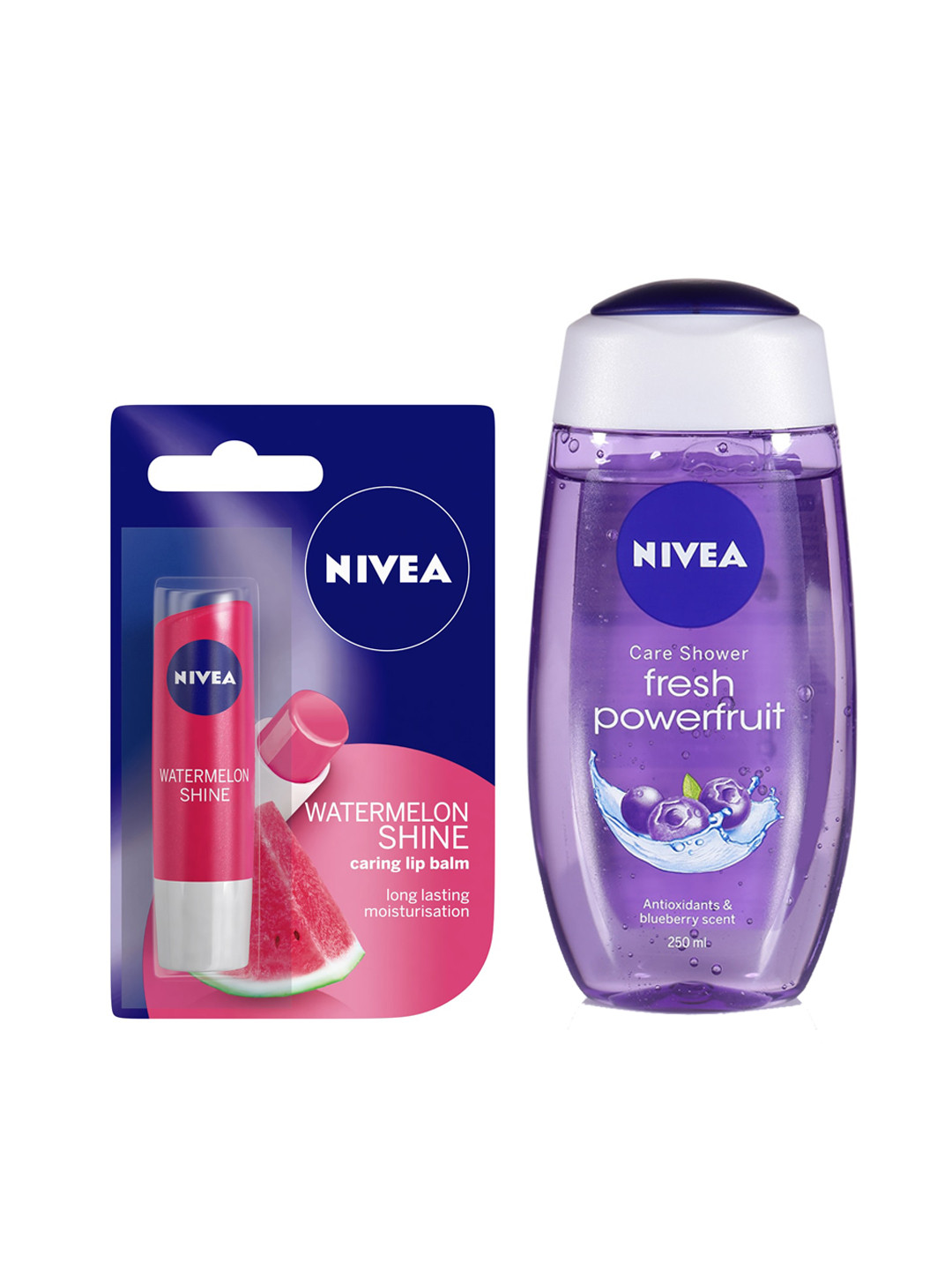 

Nivea Set of Fresh Powerfruit Shower Gel & Watermelon Shine Caring Lip Balm, Purple