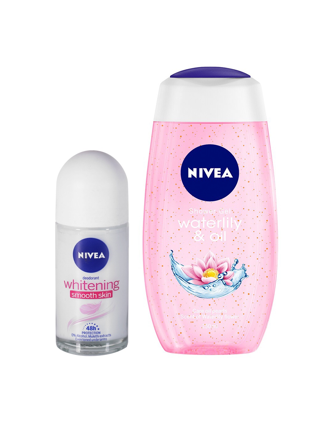 

Nivea Set of Waterlily & Oil Shower Gel with Whitening Smooth Skin Roll-On Deodorant, White