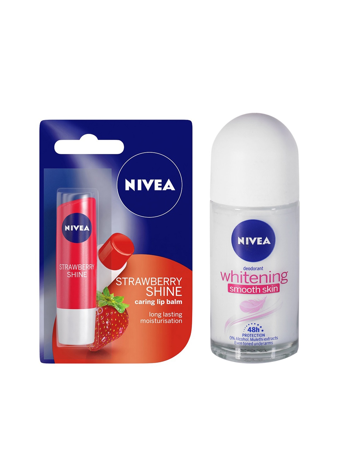 

Nivea Set of Strawberry Shine Caring Lip Balm & Whitening Smooth Skin Roll-On Deodorant, White