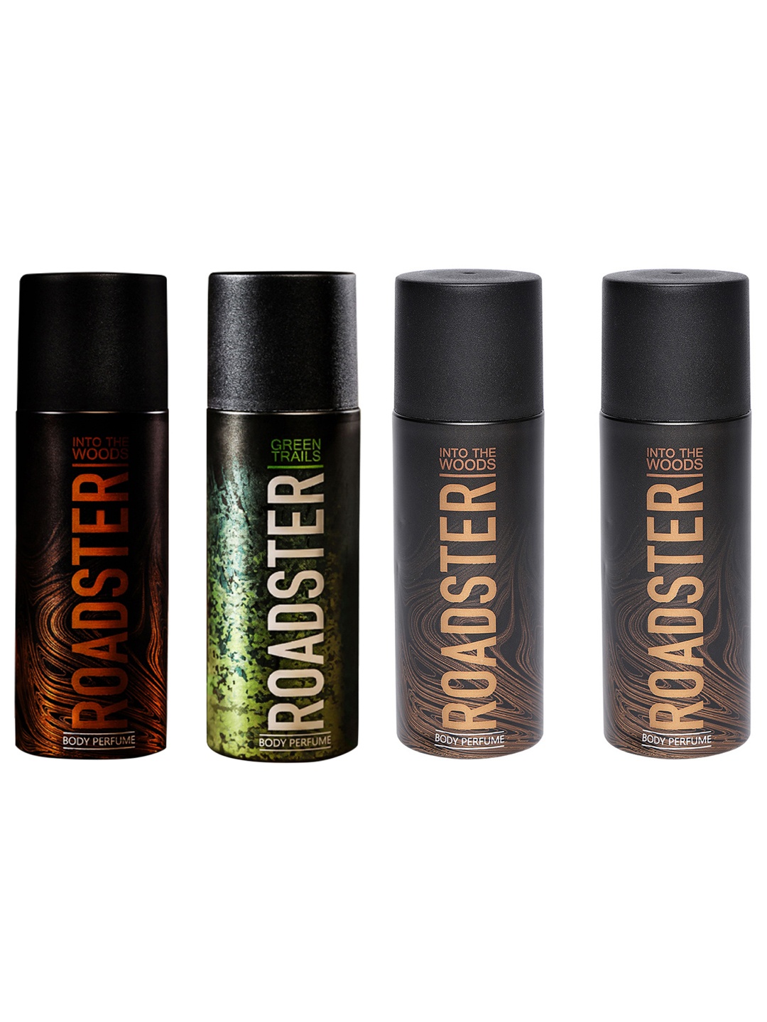 

Roadster Men Set of 4 No Gas Body Perfumes- Into The Woods & Green Trails, Black