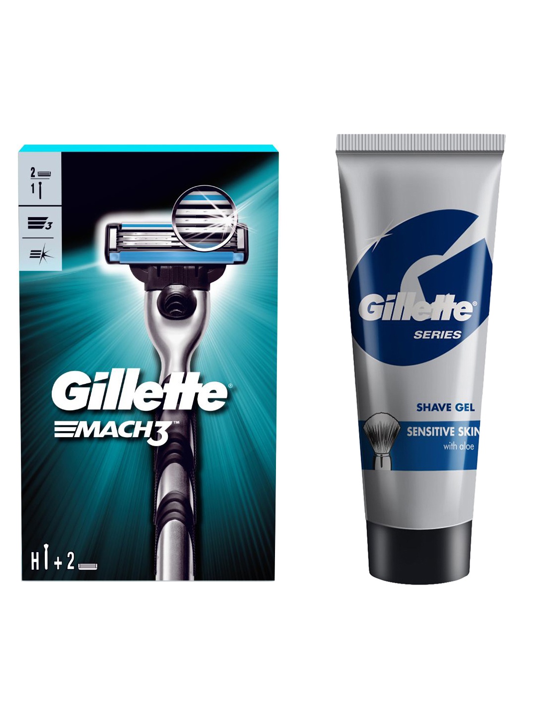 

Gillette Men Mach 3 Shaving Razor & Shaving Blade + Sensitive Skin with Aloe Shave Gel 60g, Blue