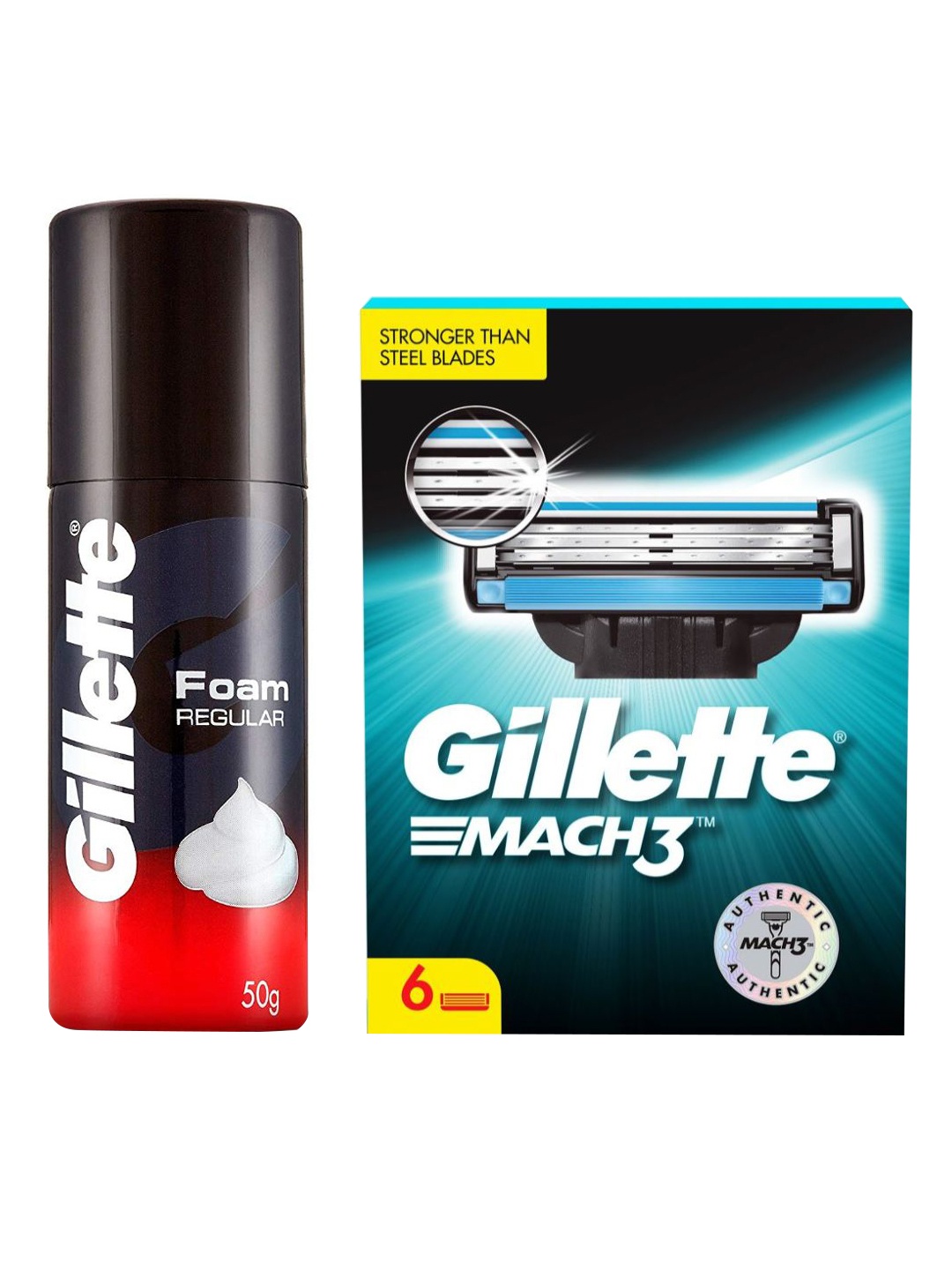 

Gillette Men Set of 6 Mach 3 Shaving Blade Cartridges + Classic Regular Pre Shave Foam 50g, Red