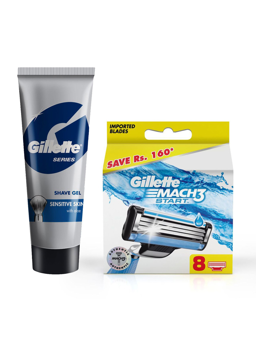 

Gillette Men Set of 8 Mach3 Razor Blades & Sensitive Skin with Aloe Shave Gel 60 g, Blue