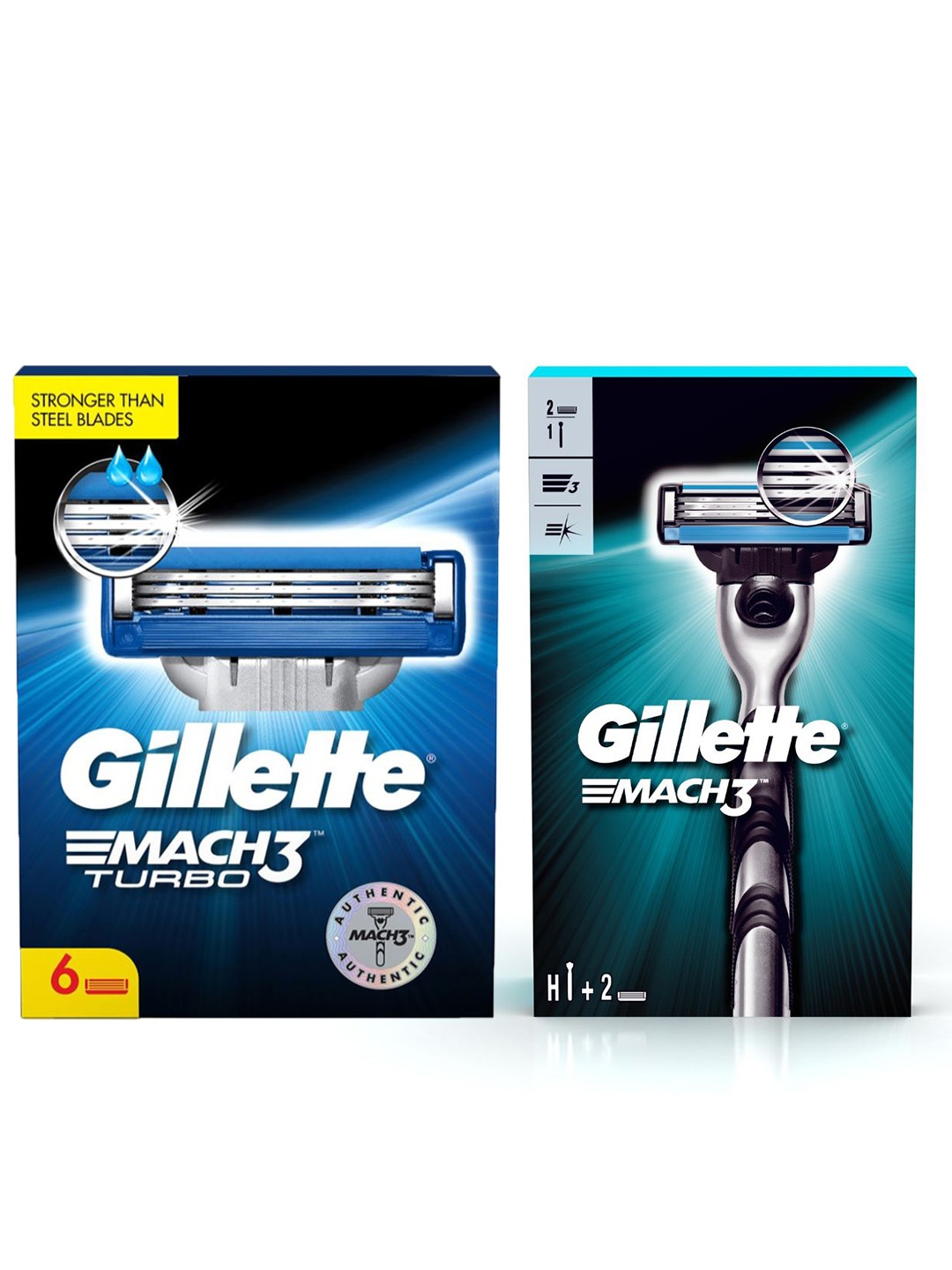 

Gillette Set of 6 Mach3 Turbo Shaving Blades & Mach 3 Shaving Razor Set, Blue