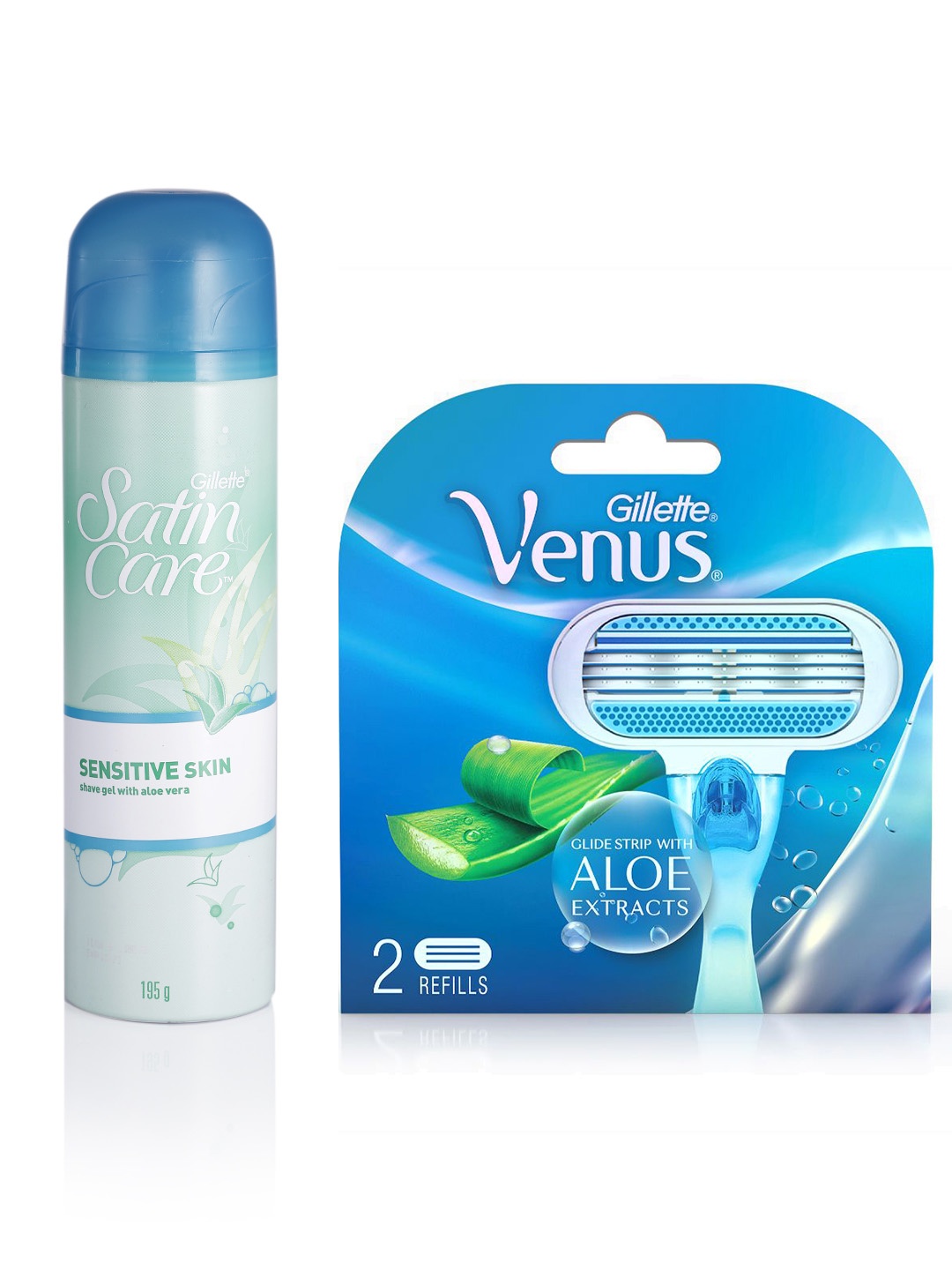 

Gillette Venus Set of 2 Cartridges with Aloe Extracts & Stain Care Pre Shave Gel 195 g, Blue