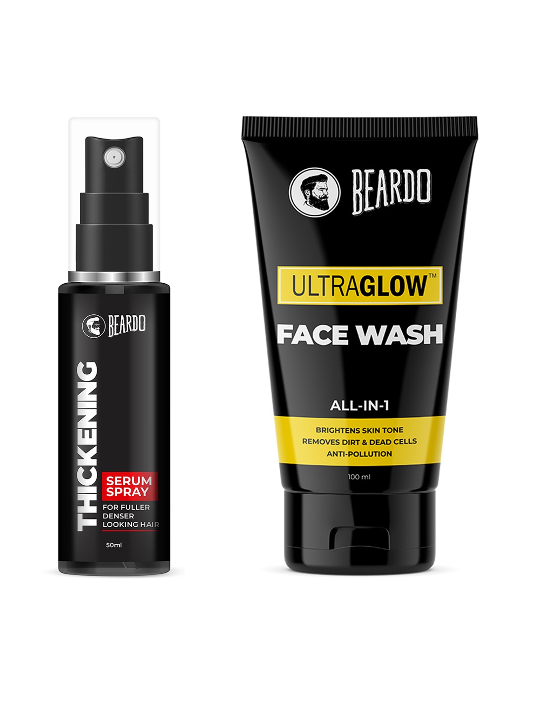 

BEARDO Set of Hair Thickening Serum Spray & Ultraglow All-in-1 Face Wash, Black