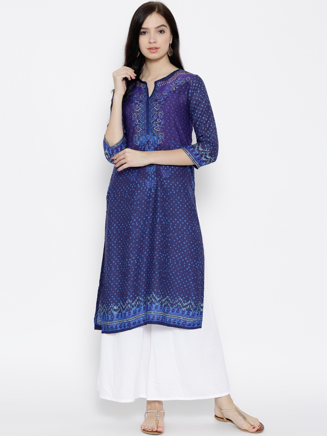 

Biba Women Purple & Navy Printed Straight Kurta