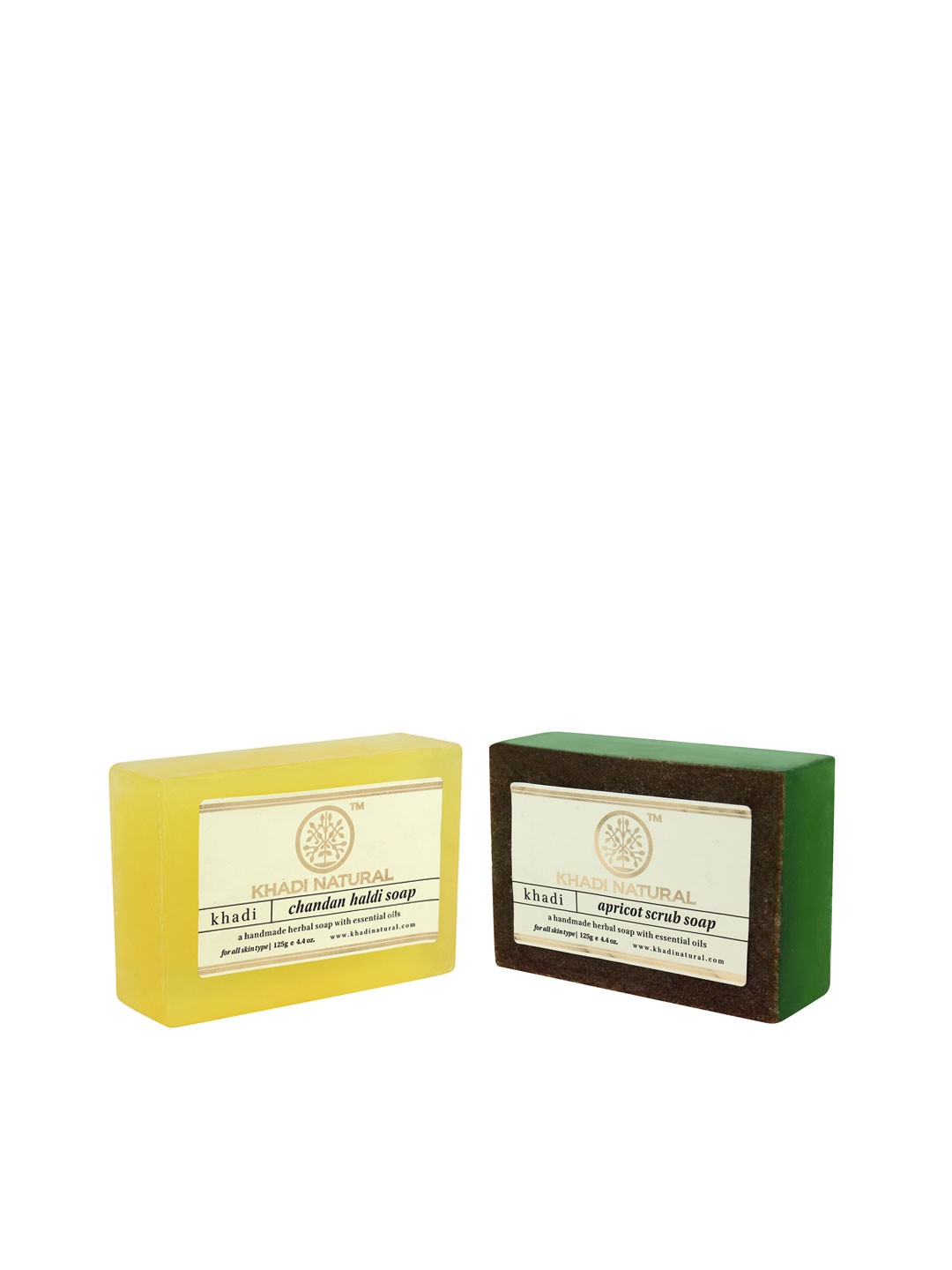 

Khadi Natural Handmade Ayurvedic Set of Chandan Haldi Soap & Apricot Scrub Soap, Yellow