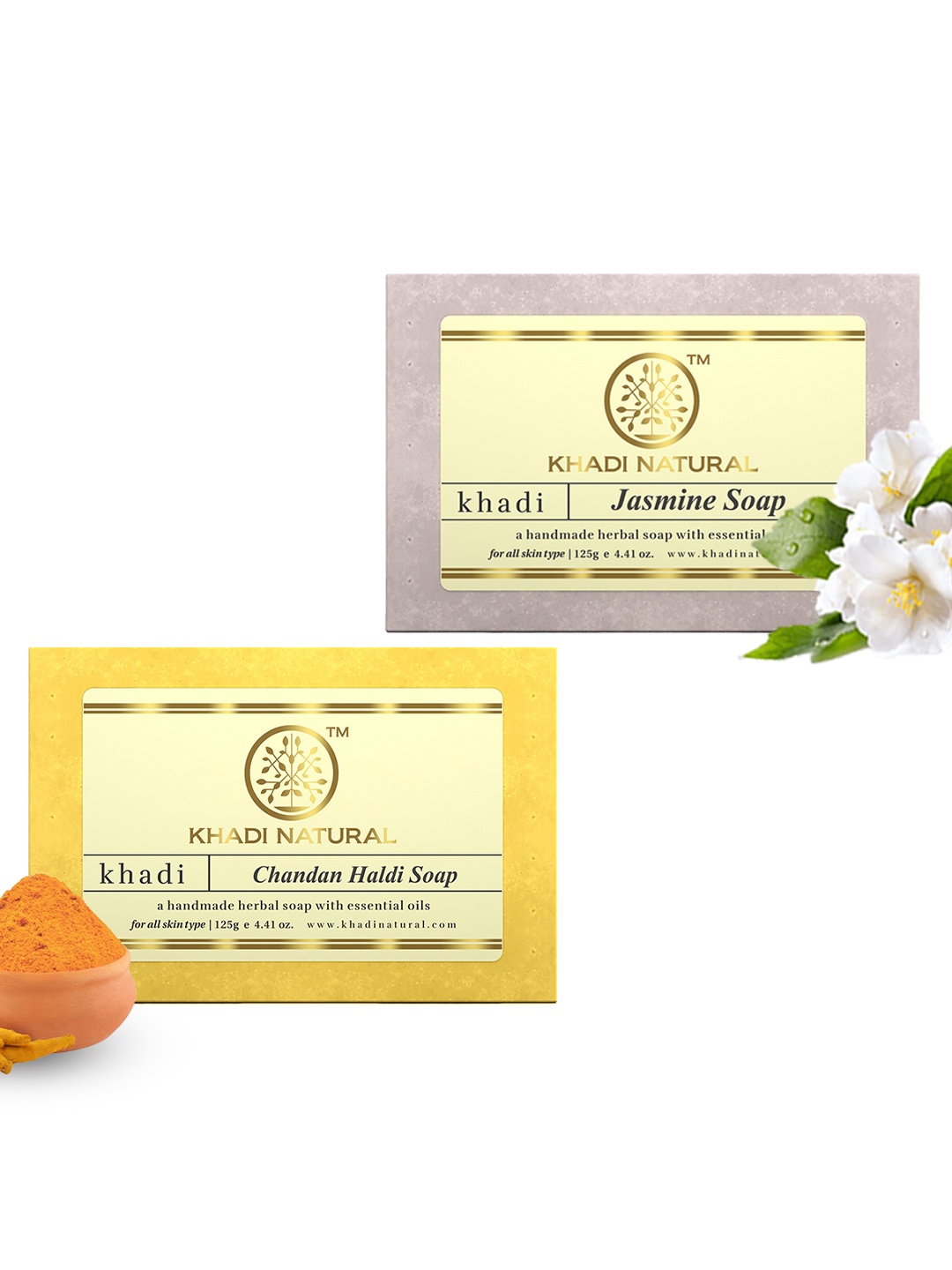 

Khadi Natural Set of Chandan Haldi & Jasmine Handmade Herbal Soaps, Yellow