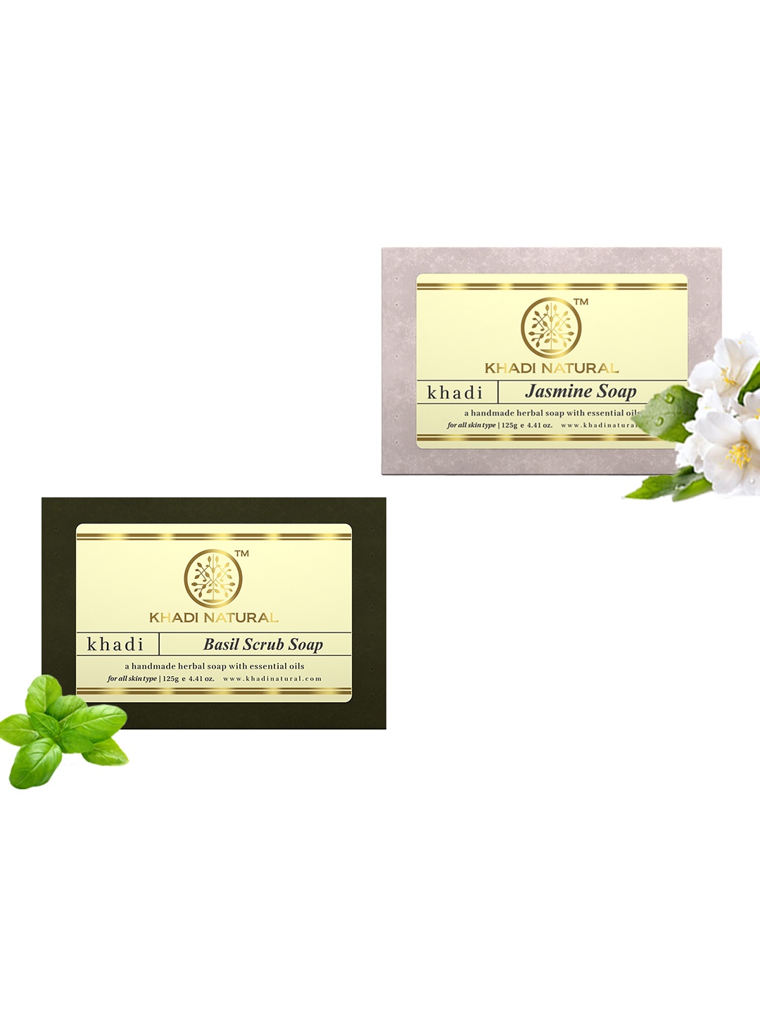 

Khadi Natural Set of Basil Scrub & Jasmine Handmade Herbal Soaps, White