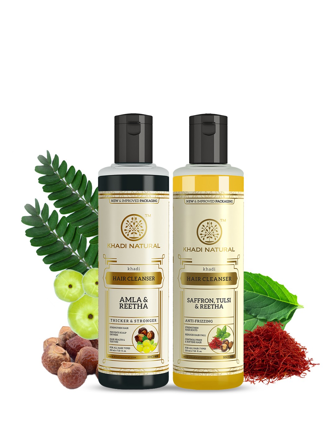 

Khadi Natural Amla & Reetha + Saffron Tulsi & Reetha Shampoo Combo - 420ml, Yellow