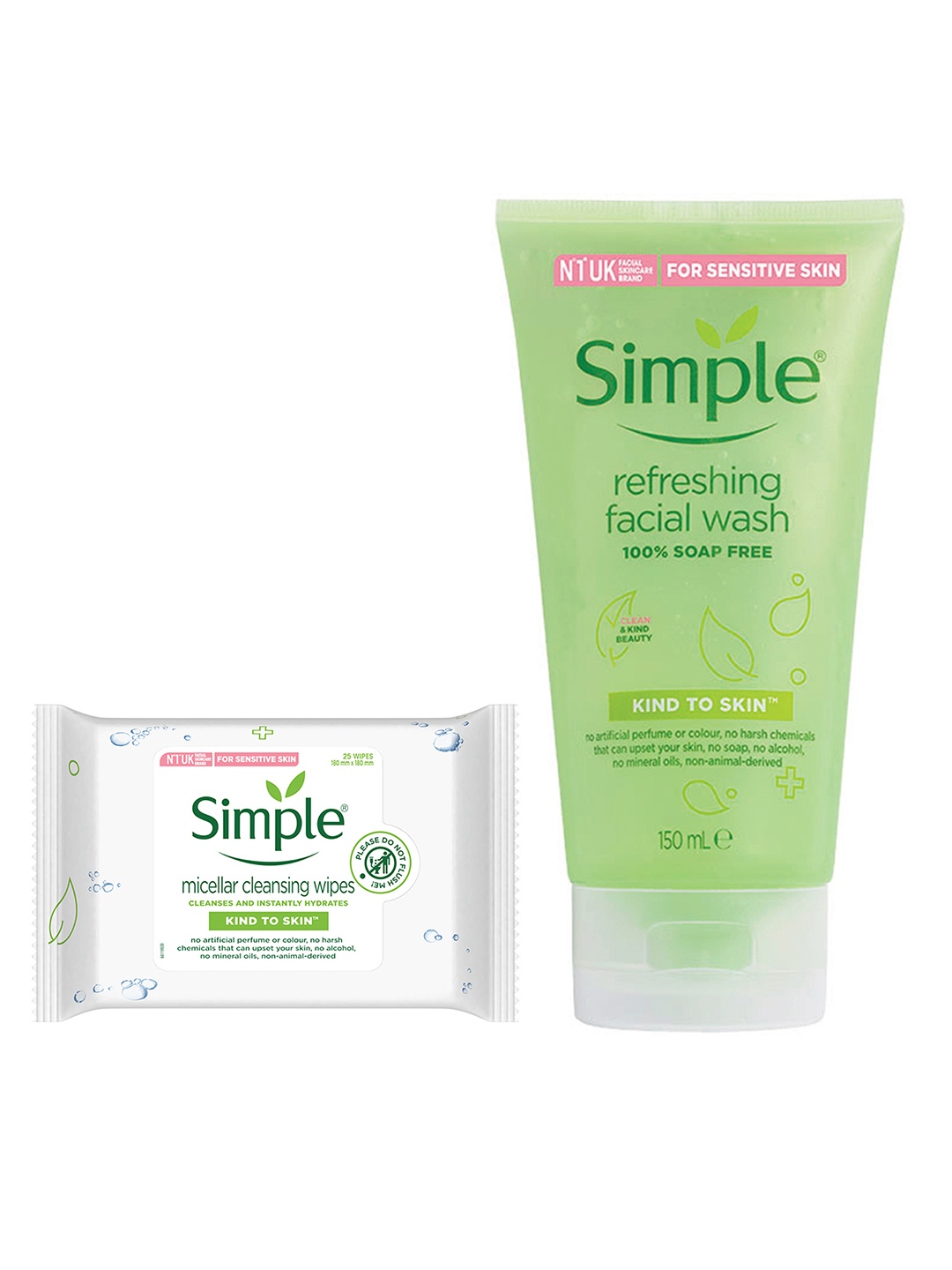 

Simple Kind To Skin Set Of Micellar Cleansing Wipes & Refreshing Facial Wash, White