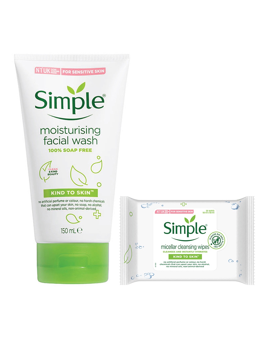 

Simple Kind To Skin Set Of Moisturising Facial Wash & Micellar Cleansing Wipes, White