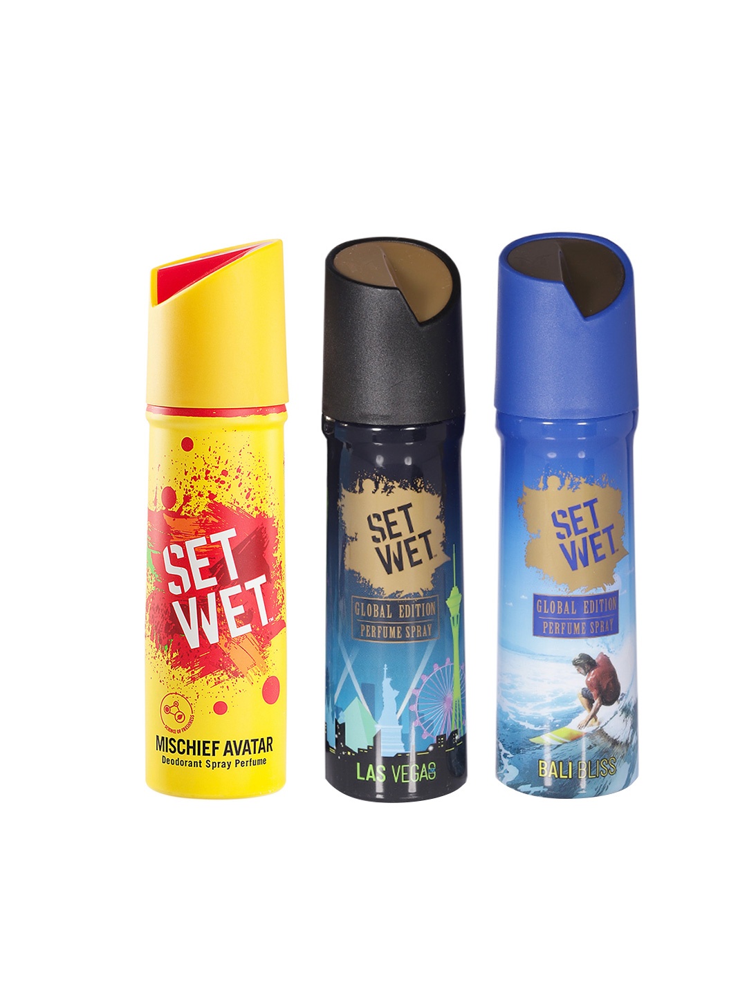 

Set Wet Men Set of 3 Deodorant Sprays- Mischief Avatar-Las Vegas-Bali Bliss, Blue