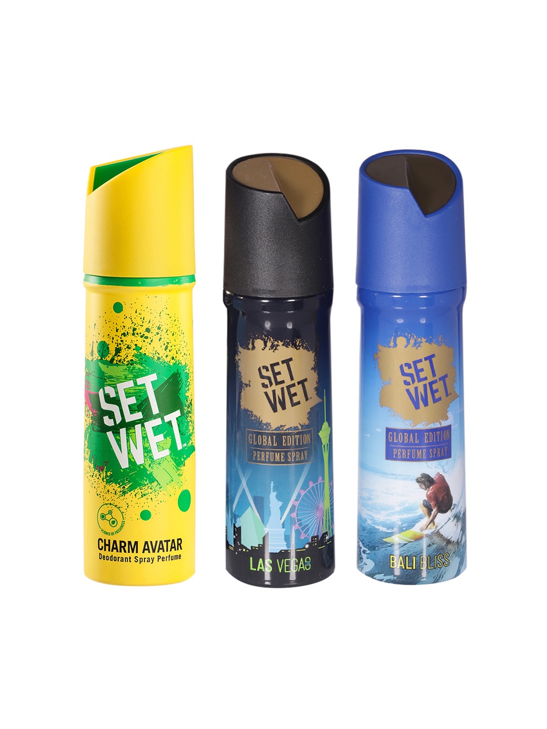 

Set Wet Men Set of 3 Deodorant Sprays- Charm Avatar-Las Vegas-Bali Bliss, Blue