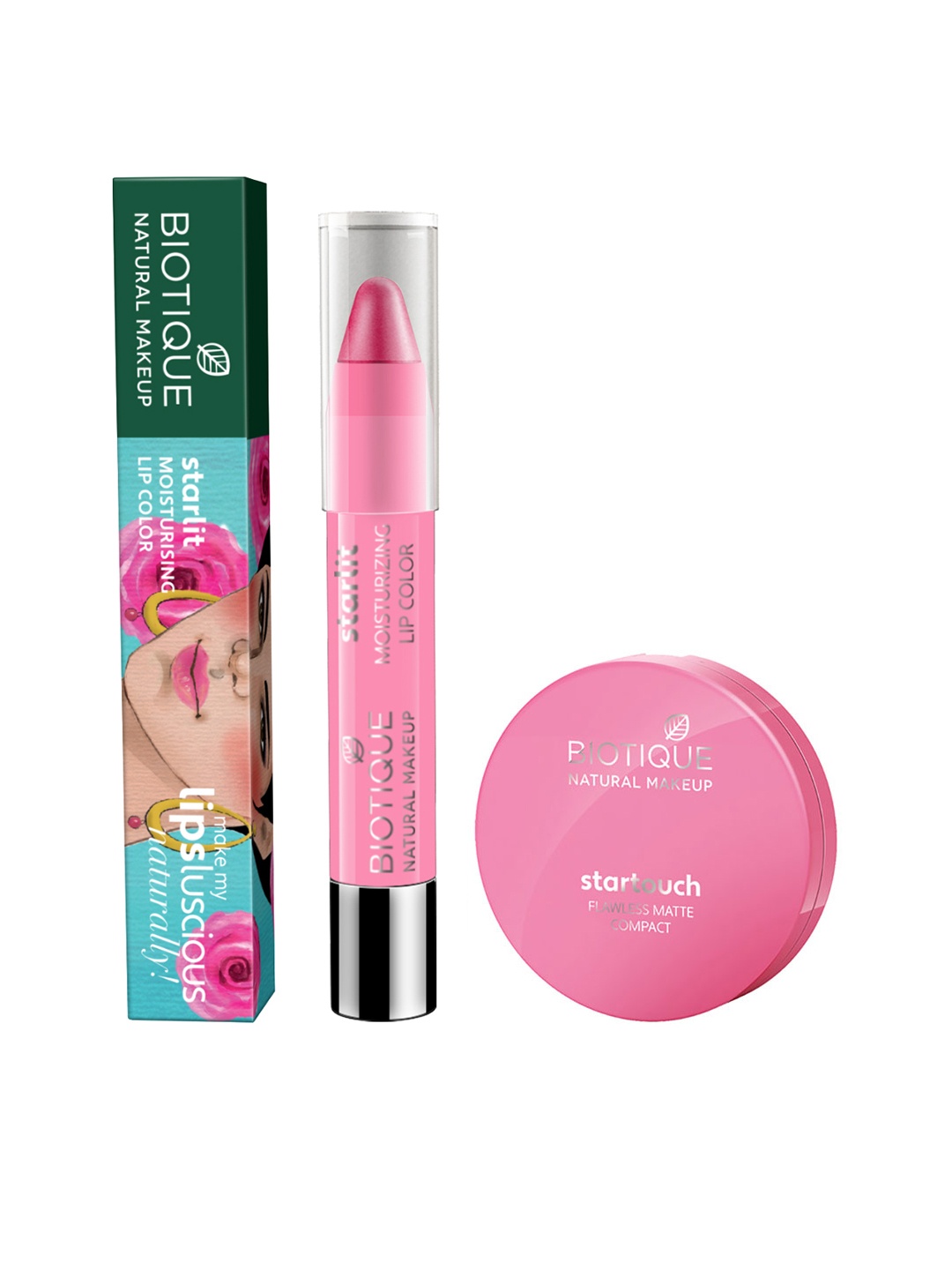 

BIOTIQUE NATURAL MAKEUP Set of Startouch Compact-Honey Glow & Starlit Lipcolor-Rose Nectar, Pink