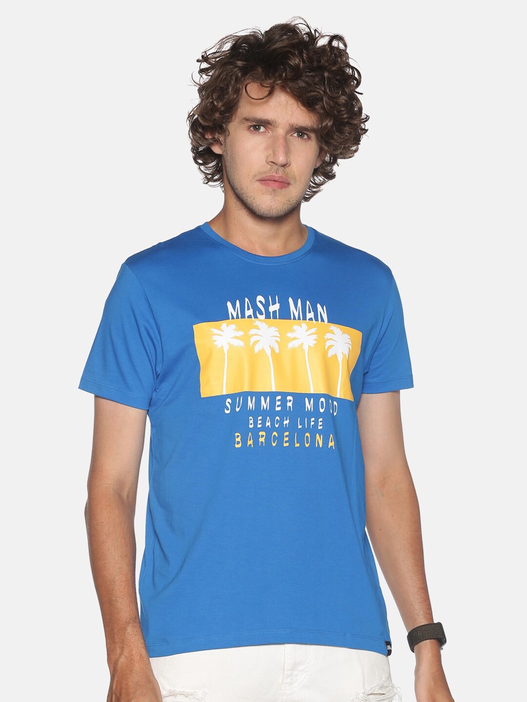 

MASH UNLIMITED Men Blue & Yellow Typography Printed Slim Fit T-shirt