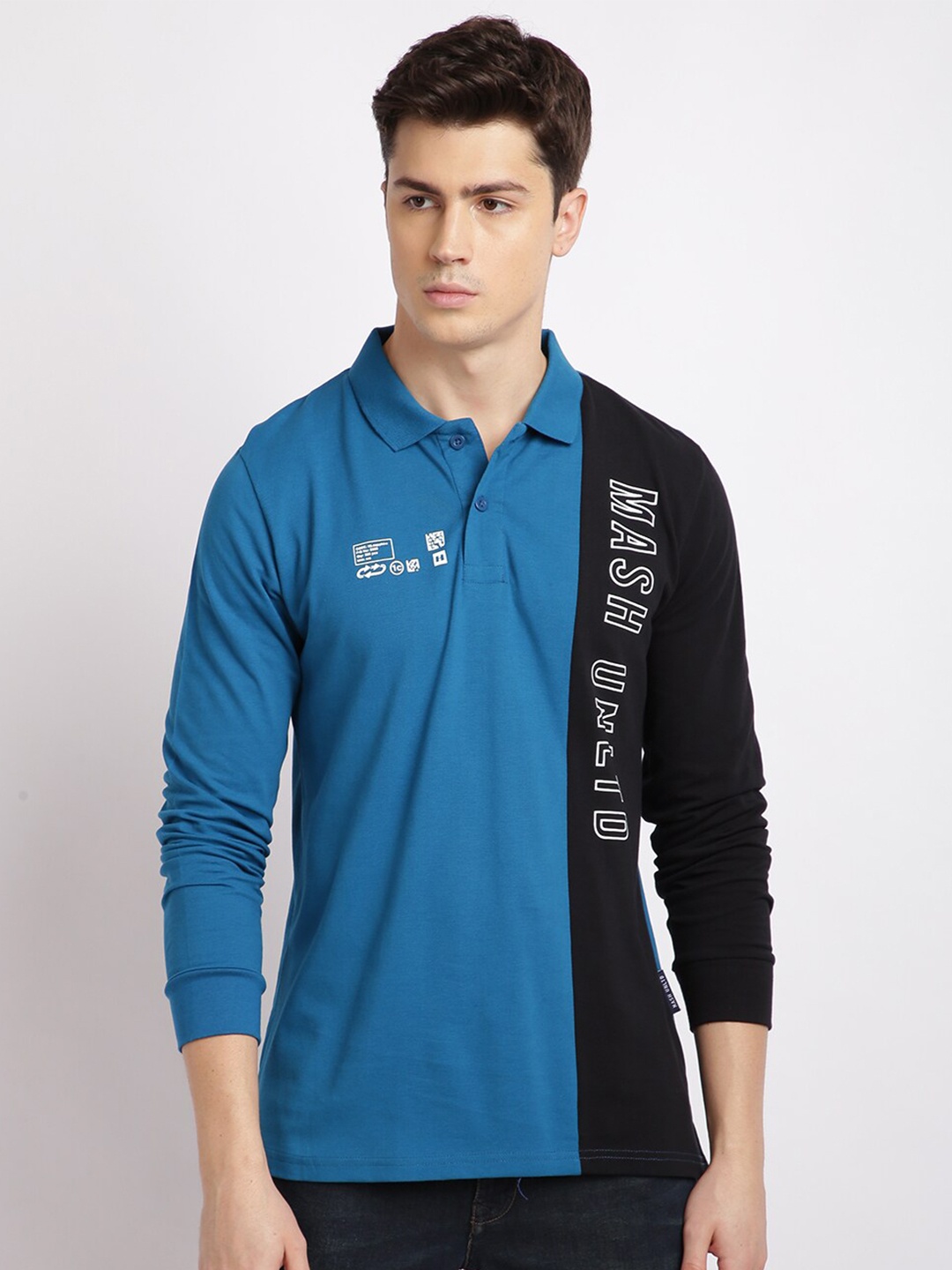 

MASH UNLIMITED Men Blue & Black Colourblocked Polo Collar Slim Fit T-shirt