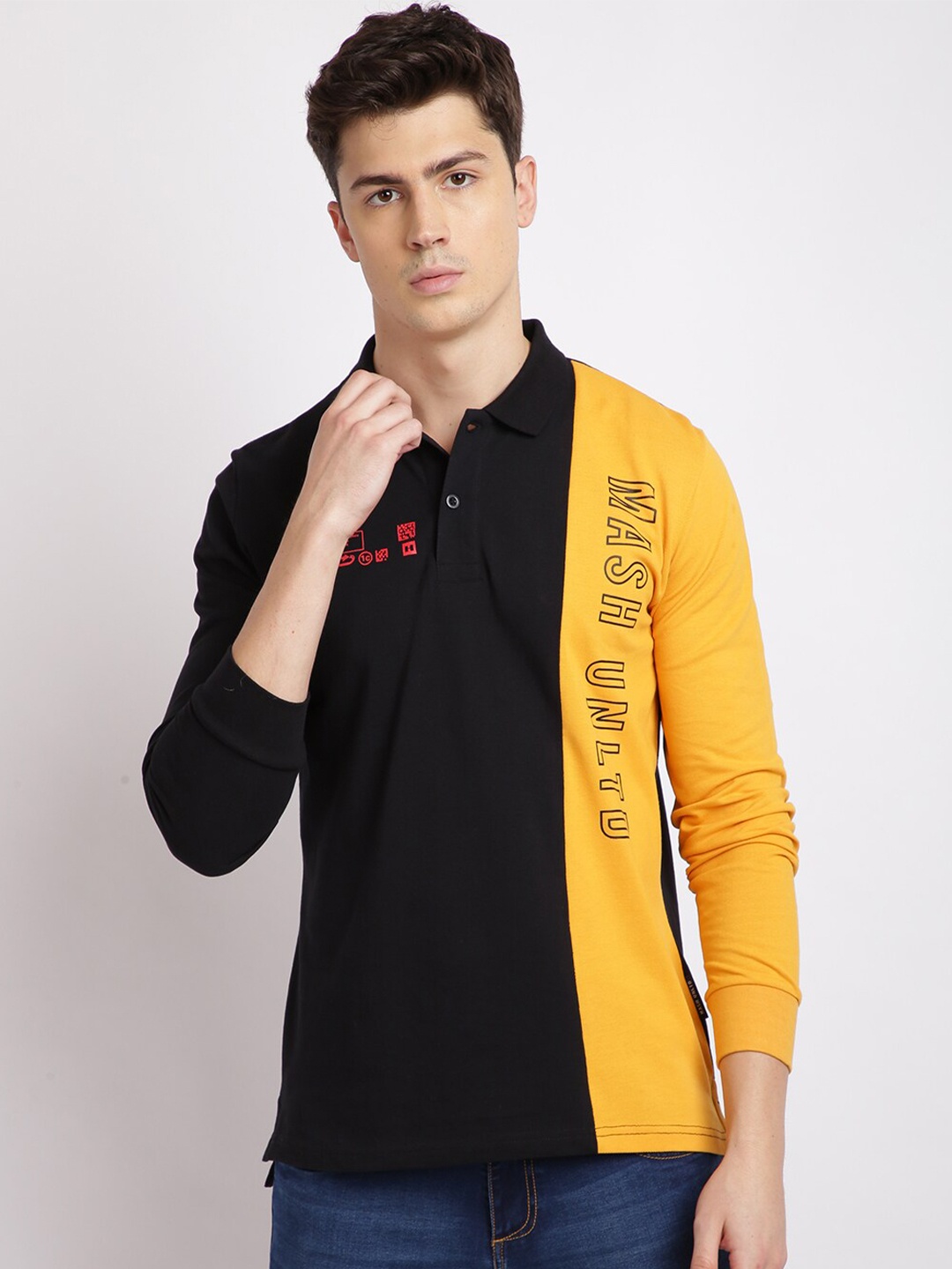 

MASH UNLIMITED Men Black & Yellow Colourblocked Polo Collar Slim Fit T-shirt
