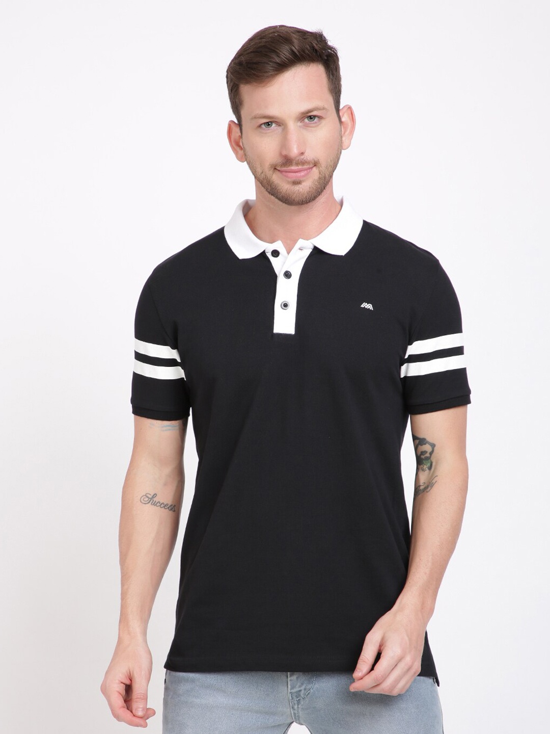 

MASH UNLIMITED Men Black & White Polo Collar Solid Slim Fit T-shirt