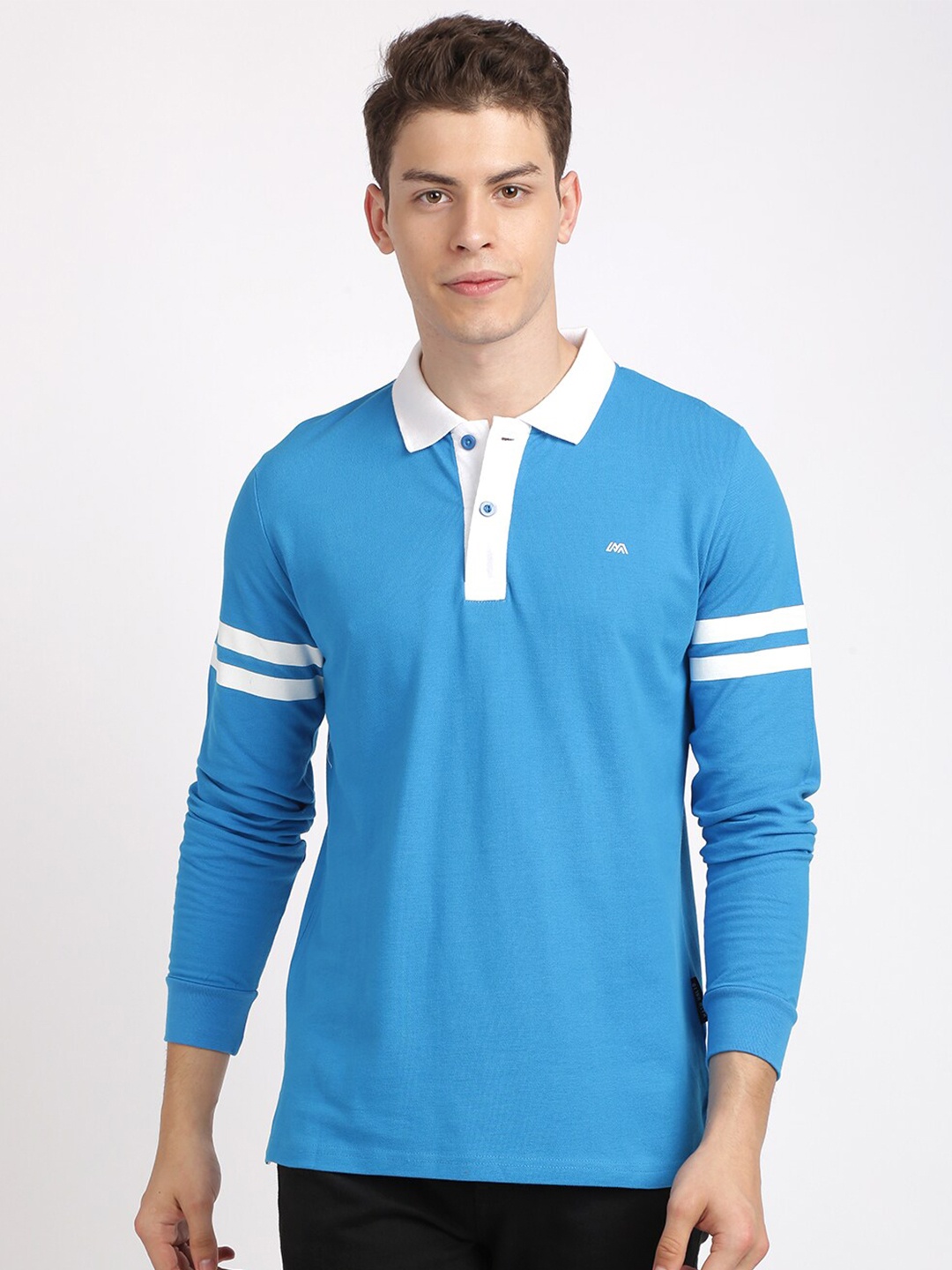 

MASH UNLIMITED Men Blue & White Polo Collar Slim Fit T-shirt