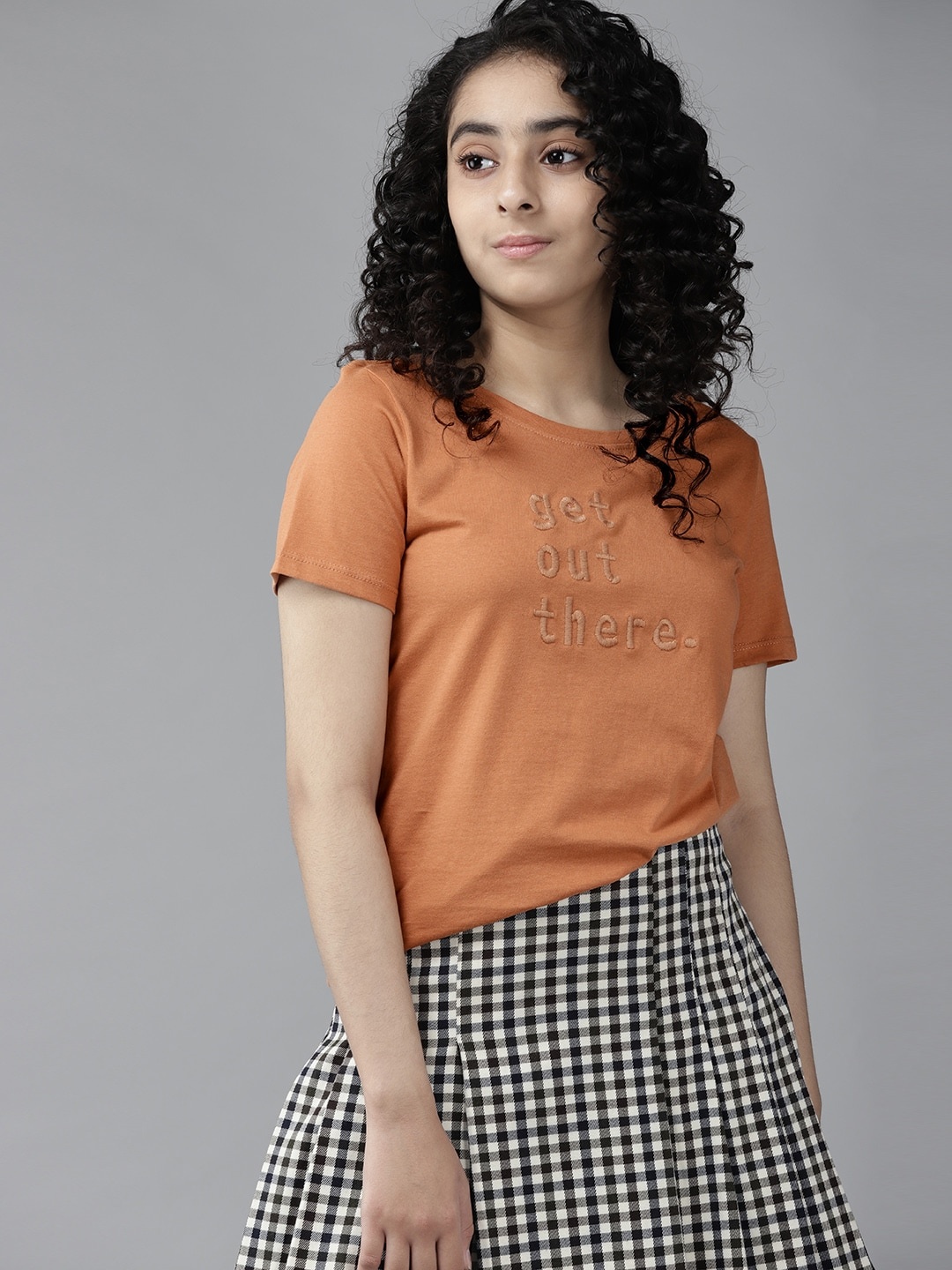 

UTH by Roadster Girls Rust Orange Typography Embroidered Cotton T-shirt
