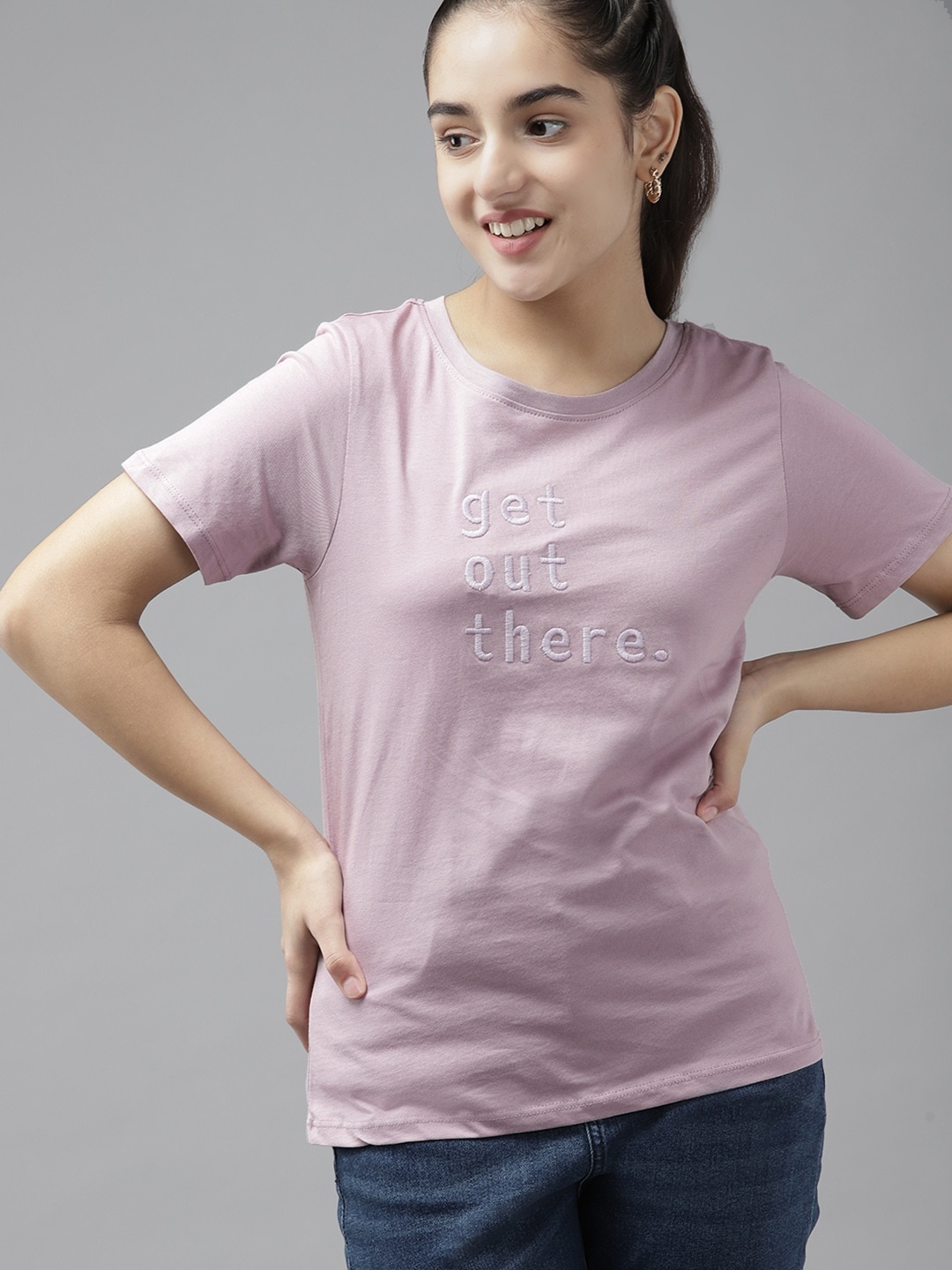 

UTH by Roadster Girls Lavender Pure Cotton Self Typography Embroidered T-shirt
