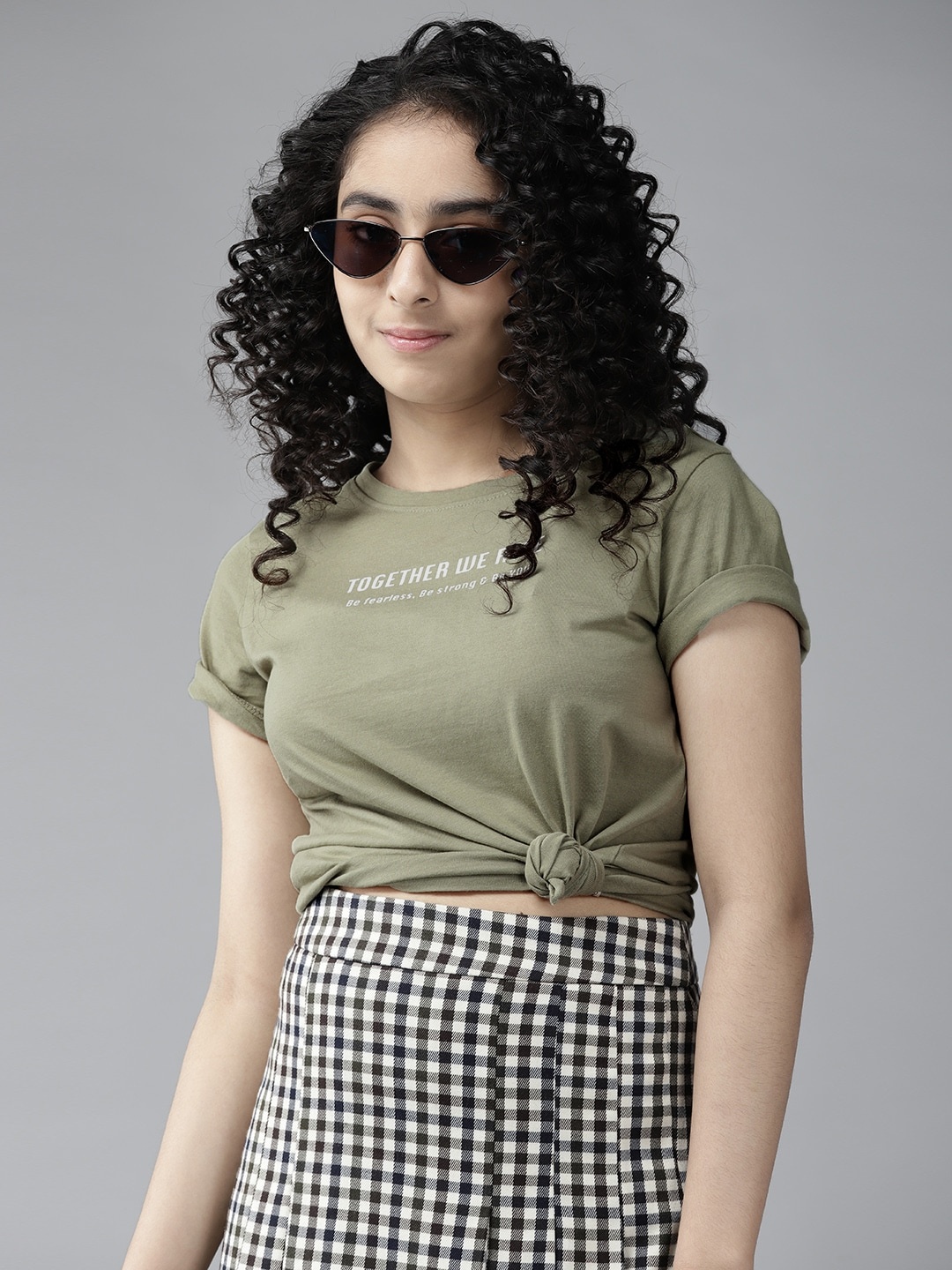

UTH by Roadster Girls Olive Green & White Typography Printed Cotton T-shirt